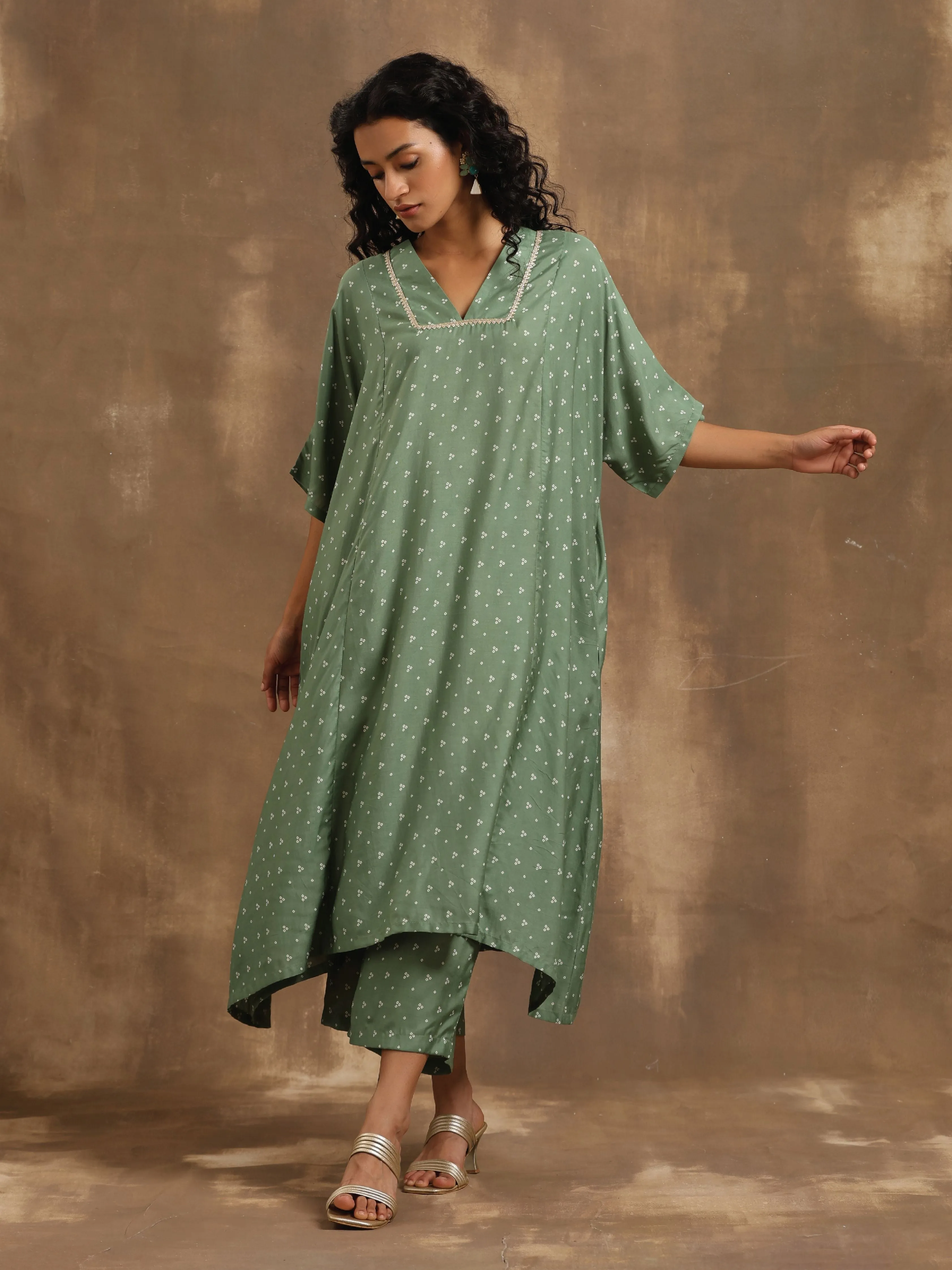 Light Green Bandhani Printed Silk Oversized Kurta Pant Set