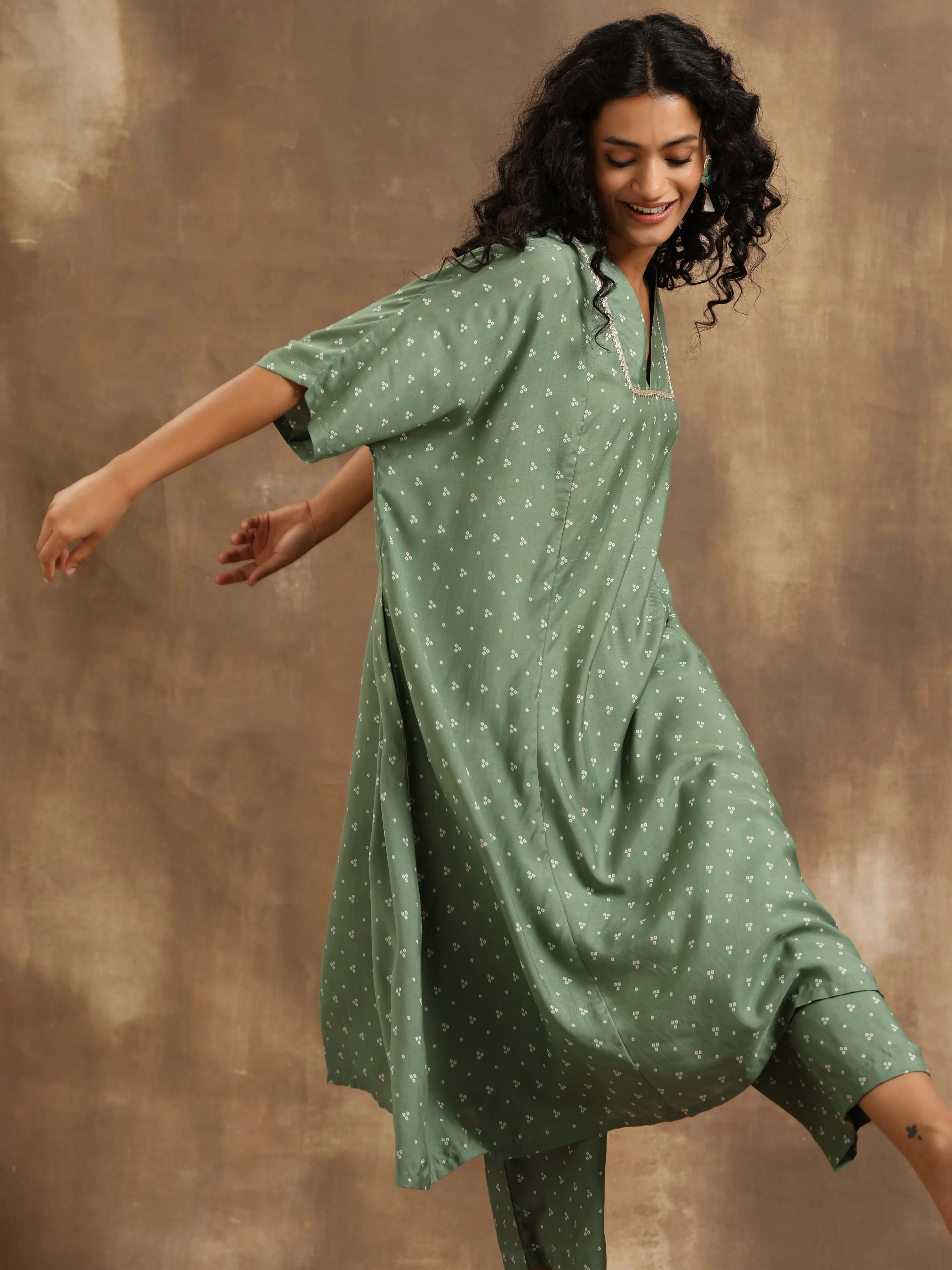 Light Green Bandhani Printed Silk Oversized Kurta Pant Set