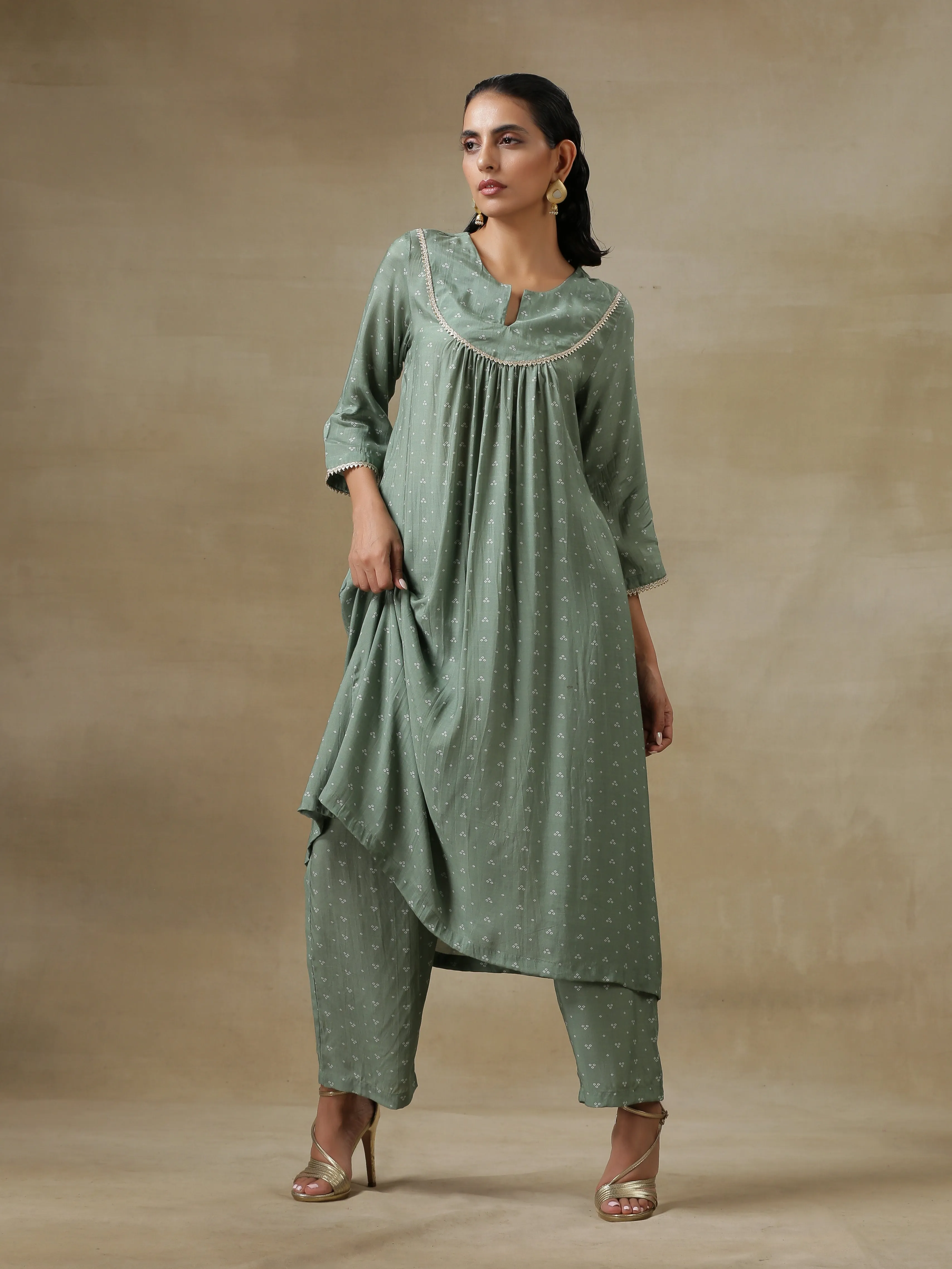 Light Green Bandhani Printed Silk Yoke Kurta Pant Set