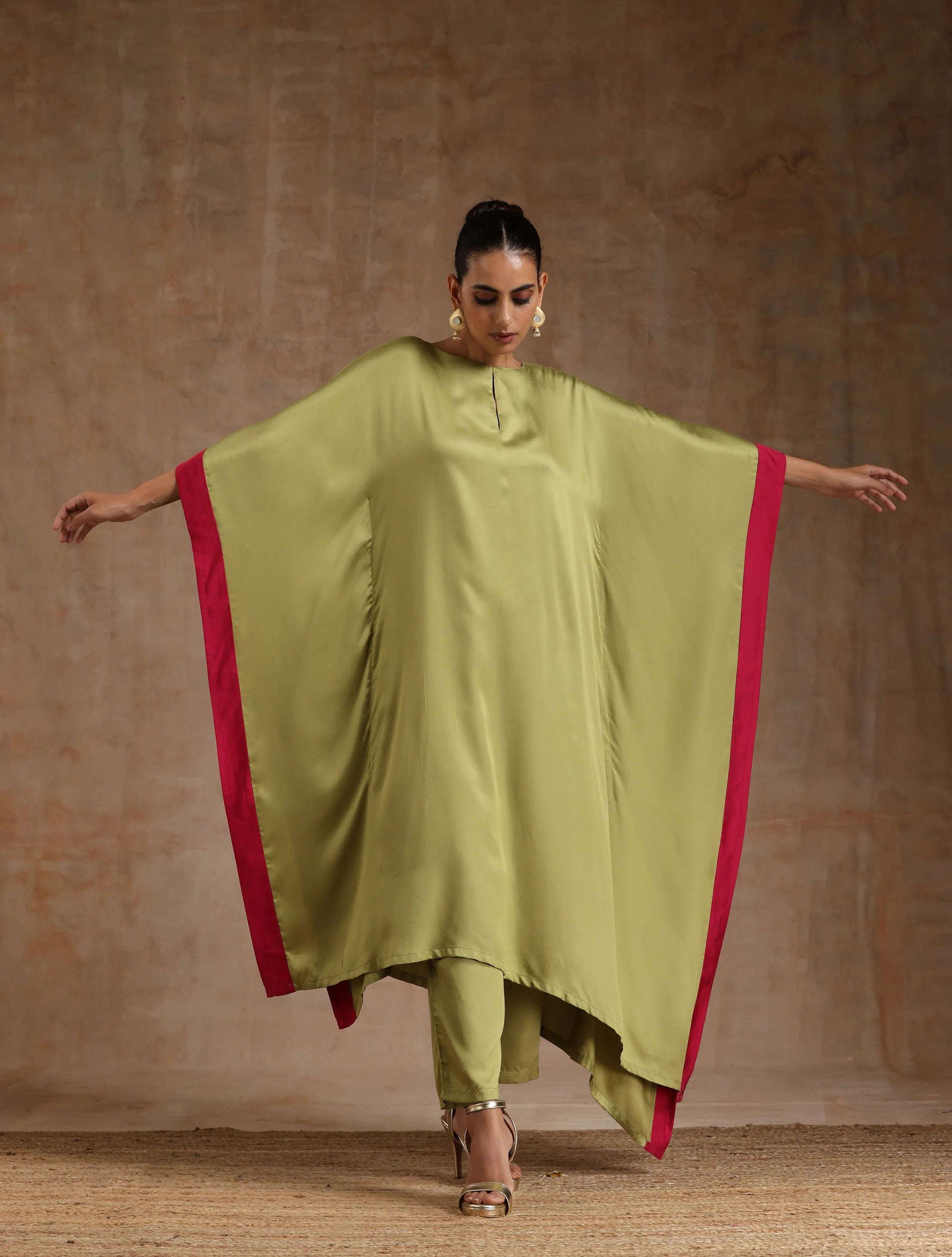 Light Green Modal Satin High-Low Kaftan Kurta Set