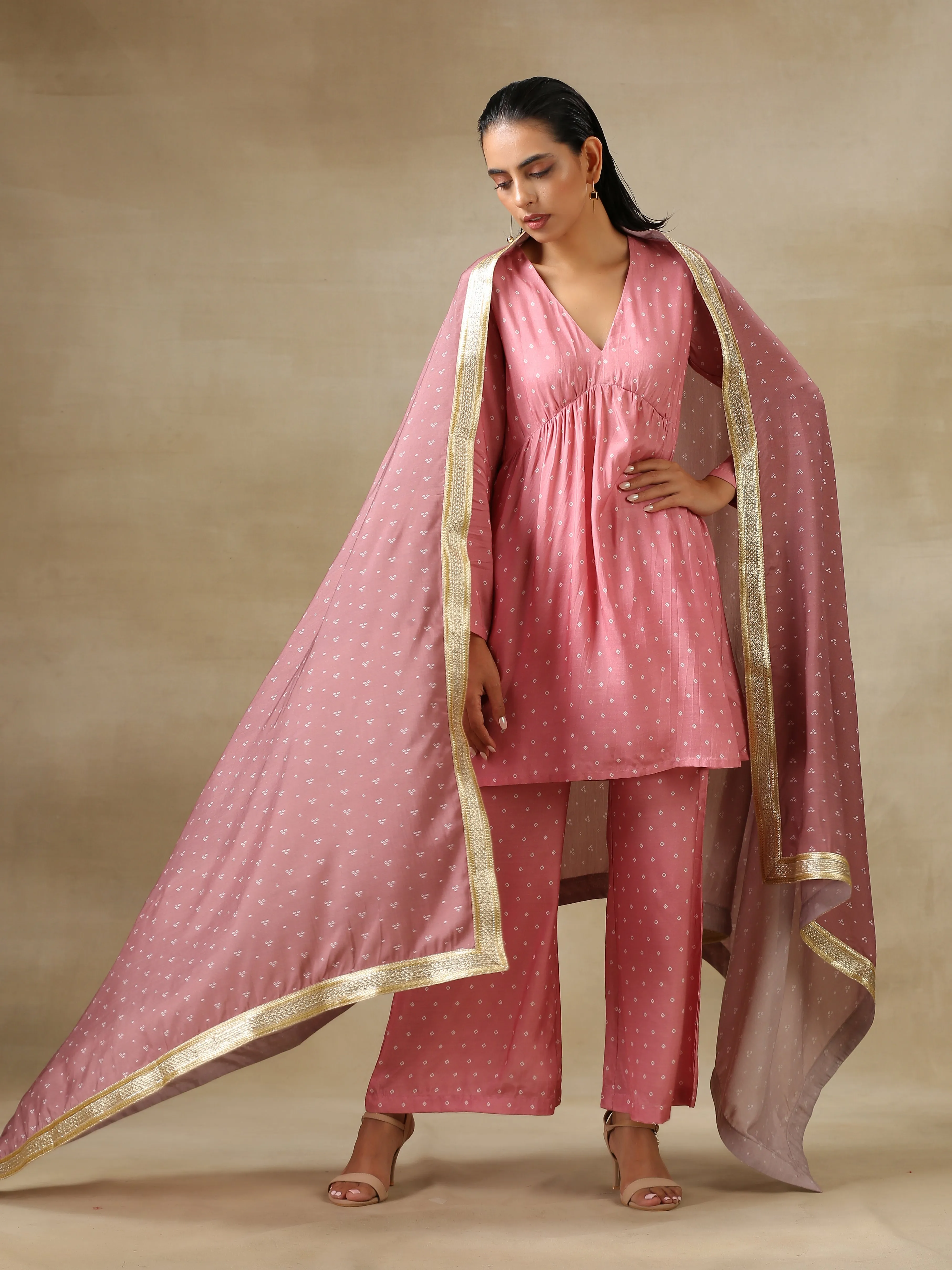 Light Mauve Bandhani Printed Silk Flared Kurta Pant Dupatta Set