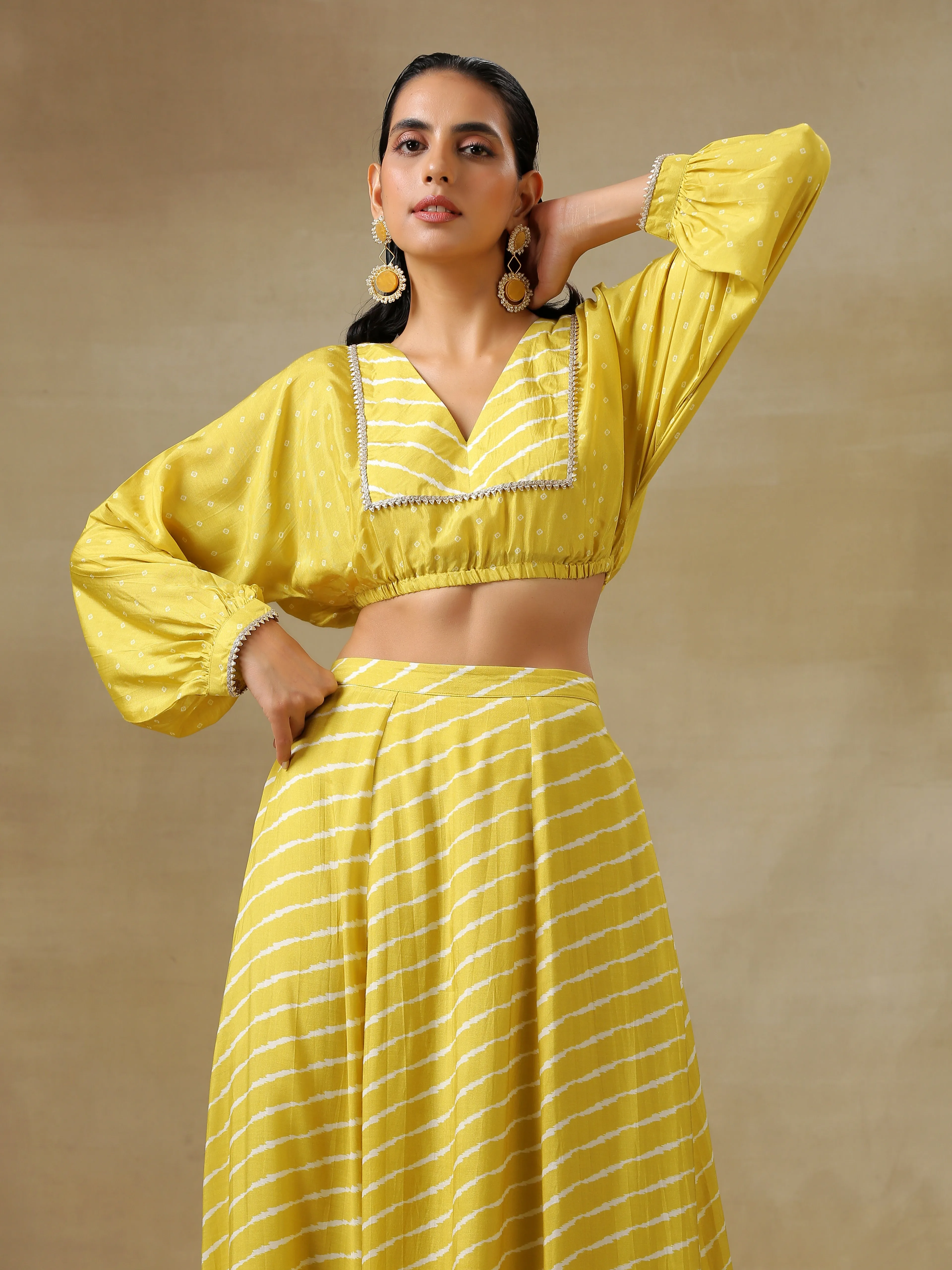 Lime Green Bandhani Printed Silk Top Skirt Set