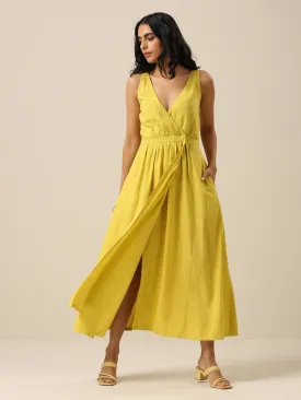 Lime Slub Texture Sleeveless Wrap Dress