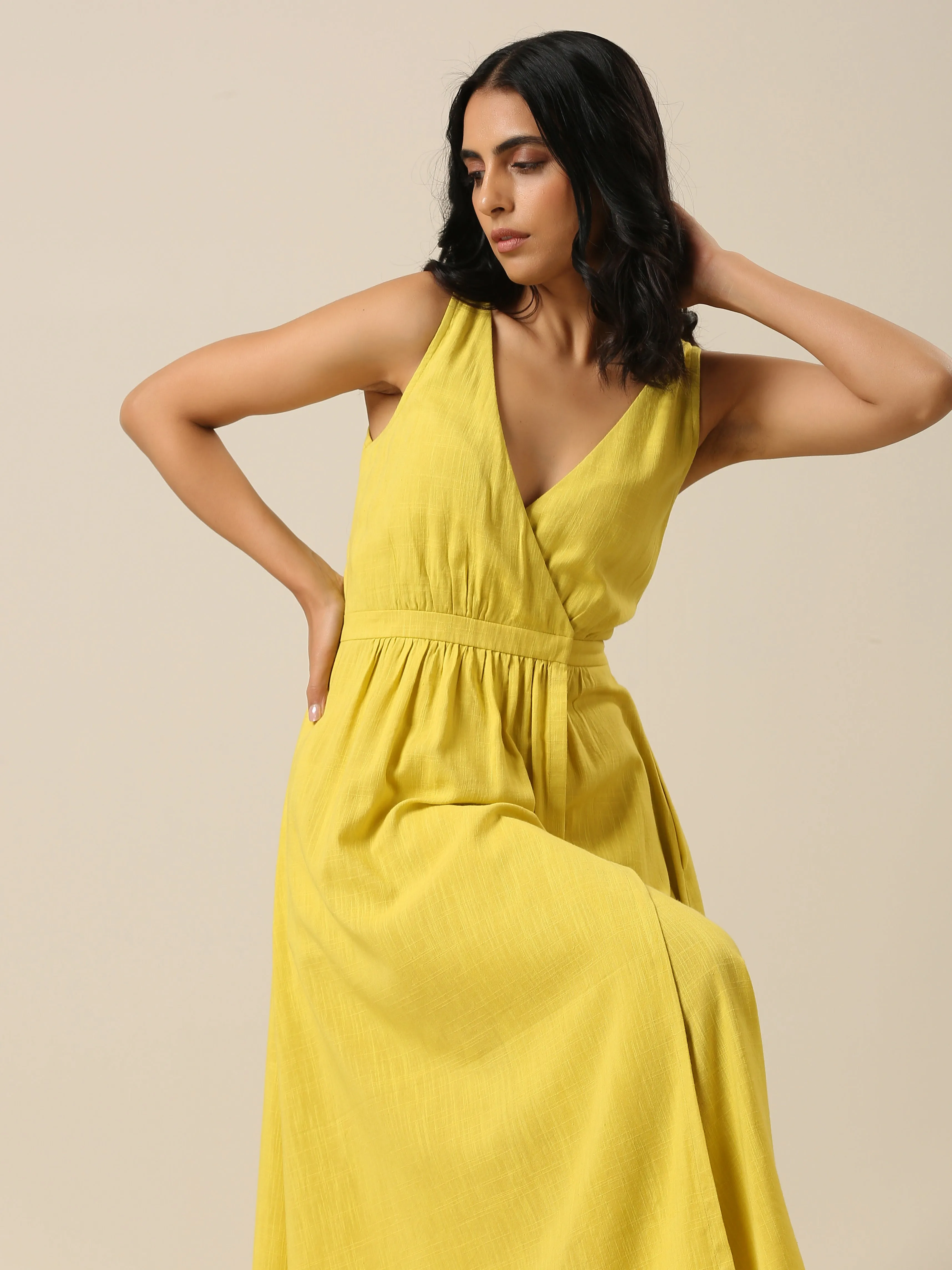 Lime Slub Texture Sleeveless Wrap Dress