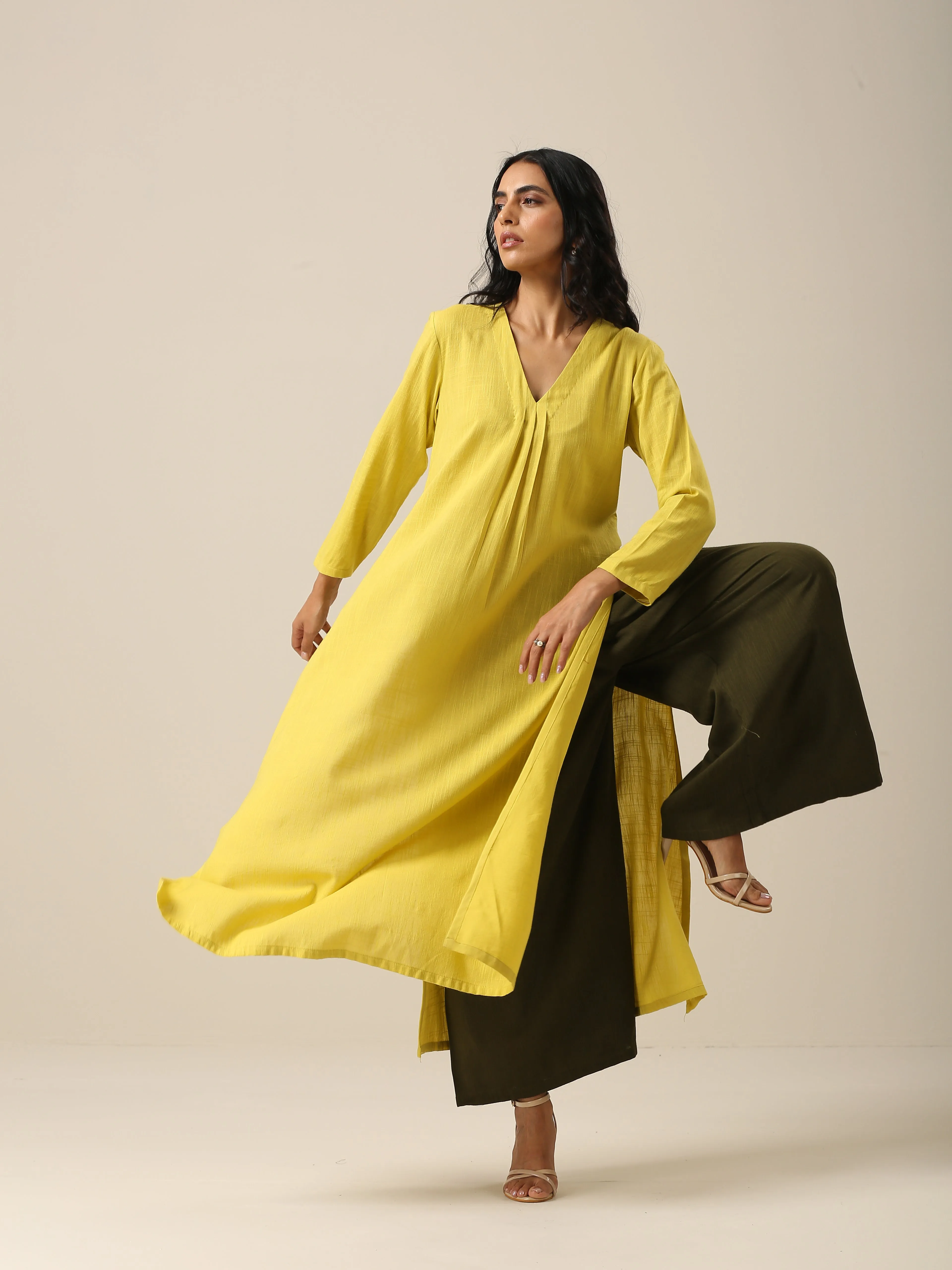 Lime Slub Texture Slit Kurta Palazzo Set