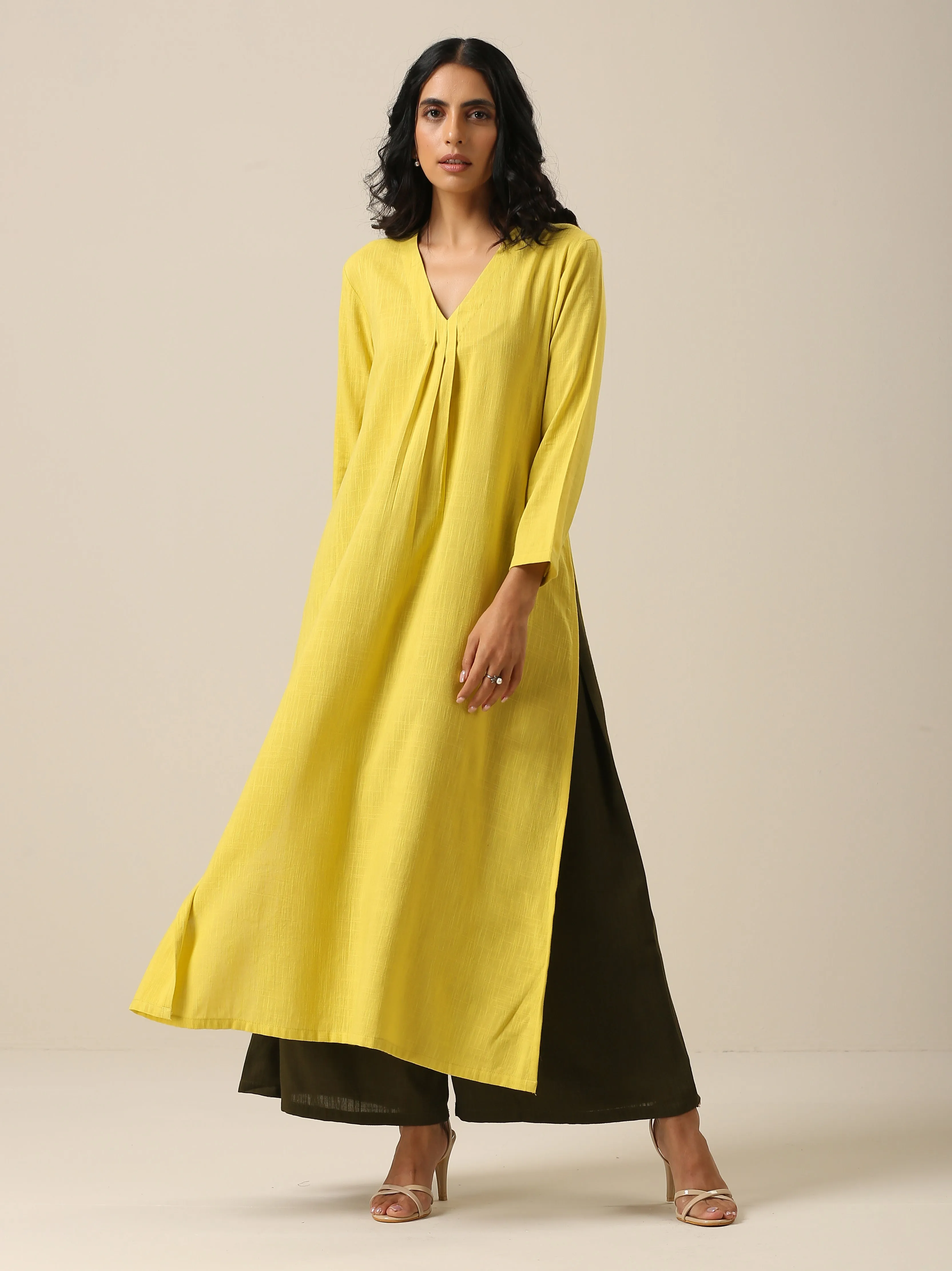 Lime Slub Texture Slit Kurta Palazzo Set