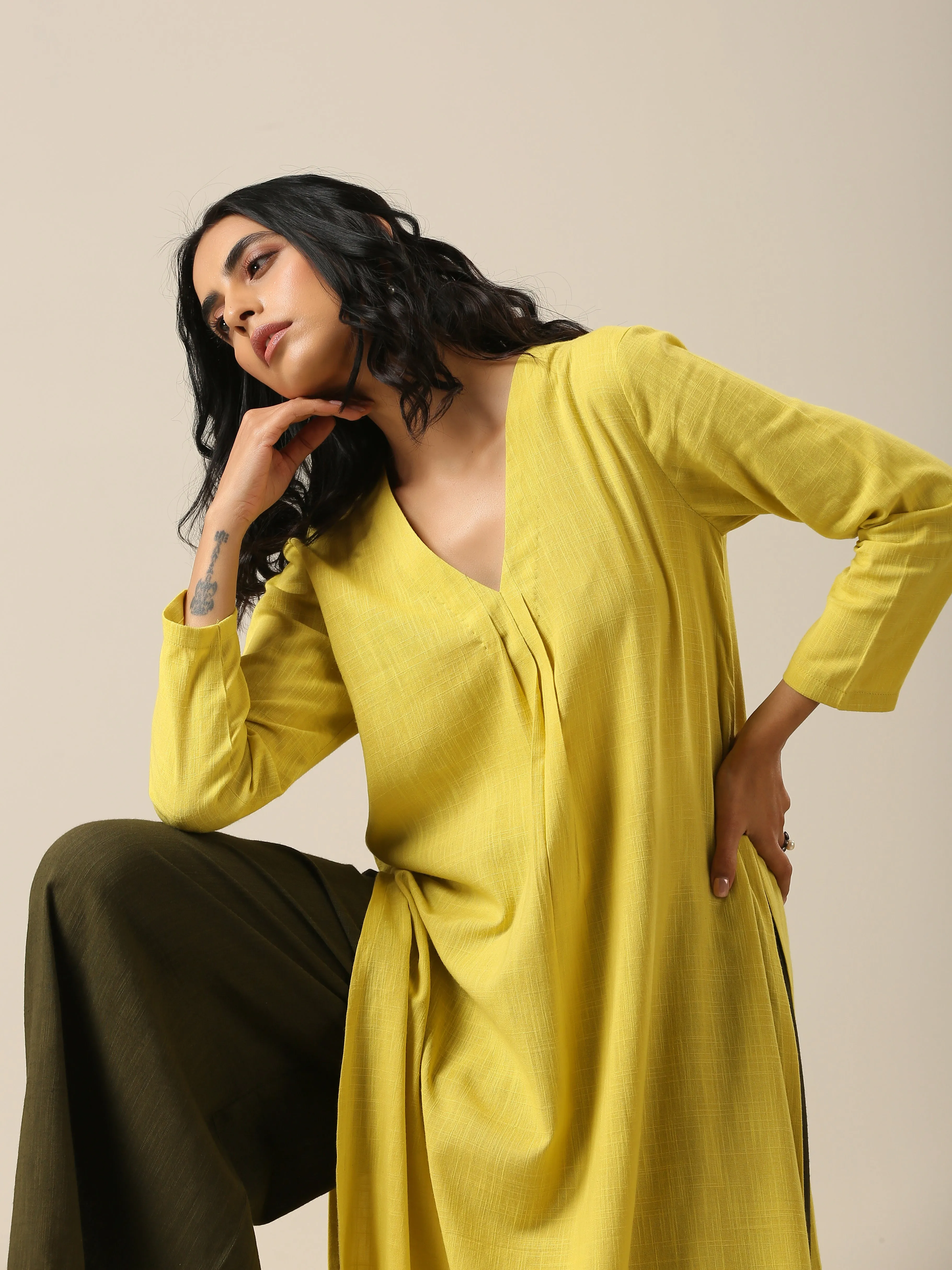 Lime Slub Texture Slit Kurta Palazzo Set