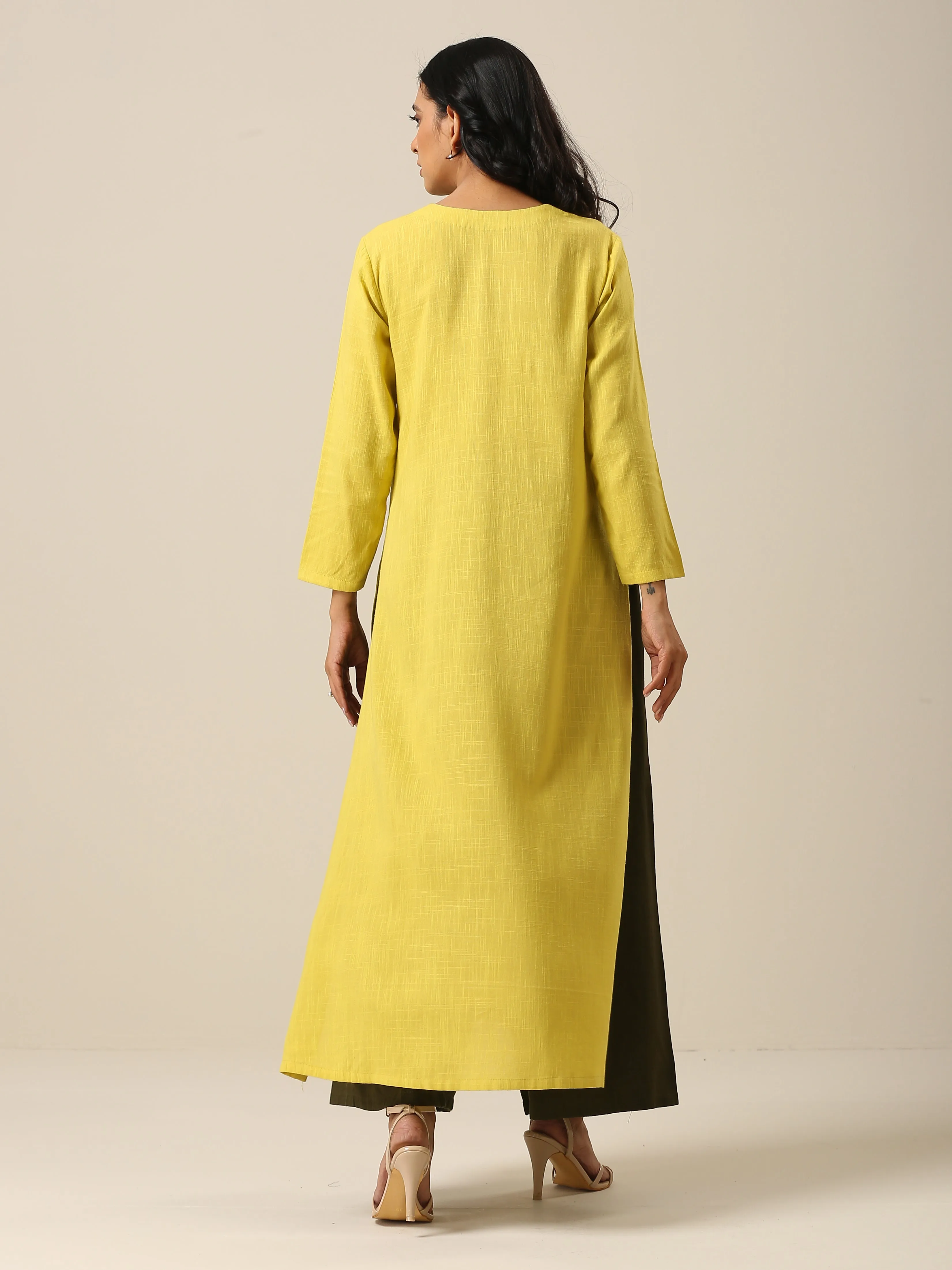 Lime Slub Texture Slit Kurta Palazzo Set