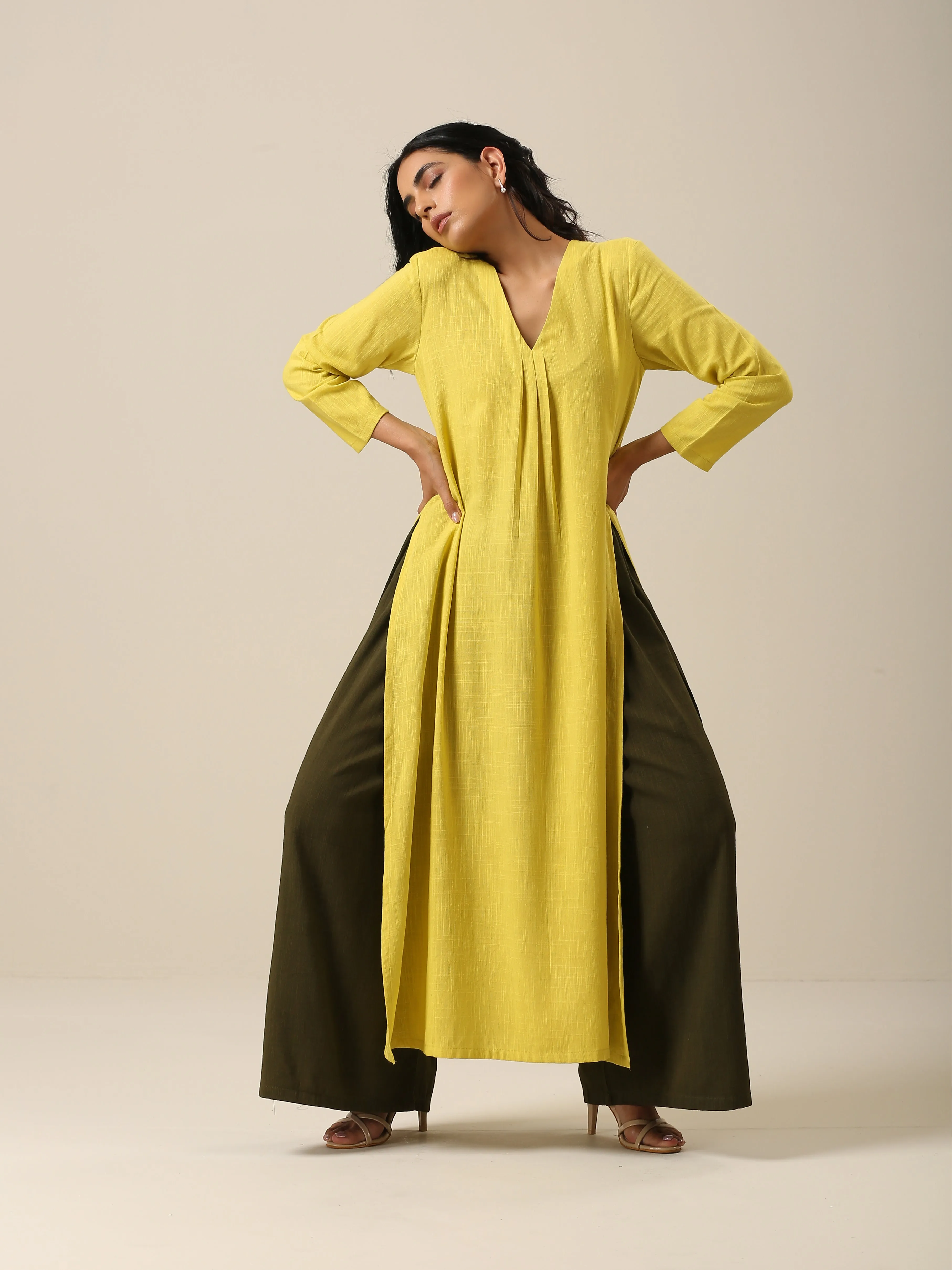 Lime Slub Texture Slit Kurta Palazzo Set