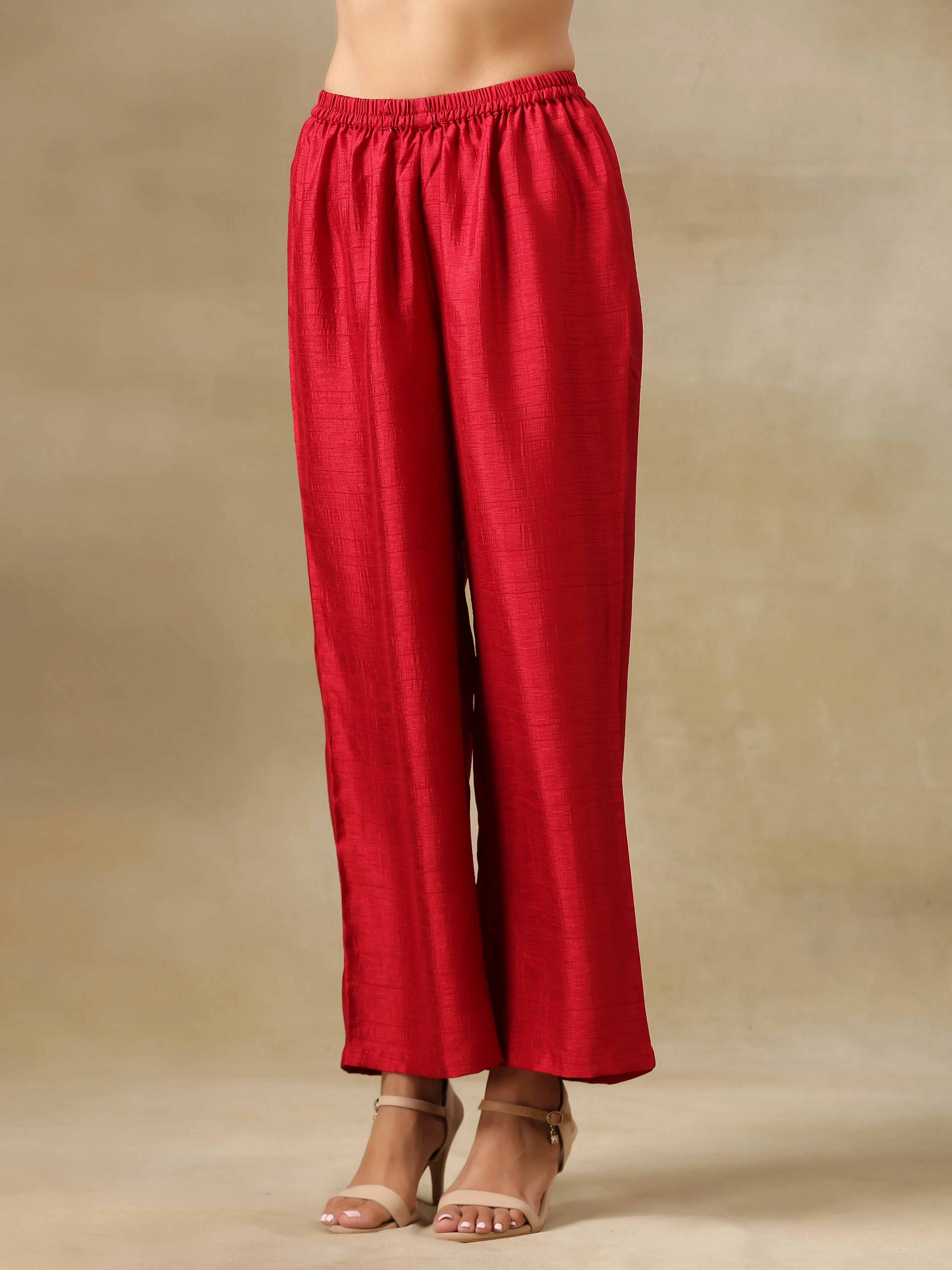 Maroon Textured Silk Front Slit Kurta Pant Set