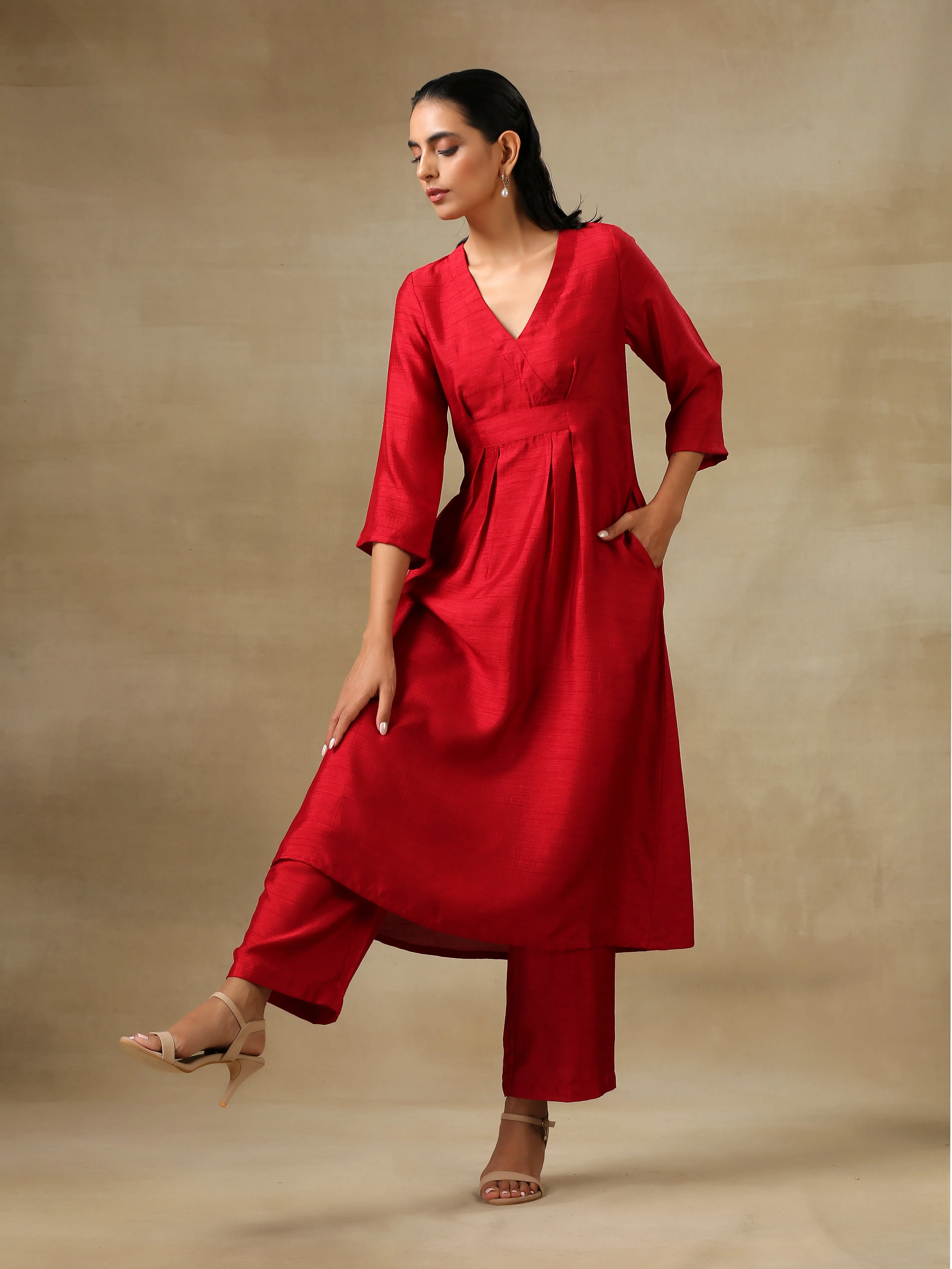 Maroon Textured Silk Overlap Pleat Kurta Pant Set