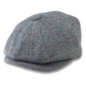 Men's Flat Cap Wool Blend Tweed Herringbone Grey Check Newsboy Baker Boy 8 Panel Hat