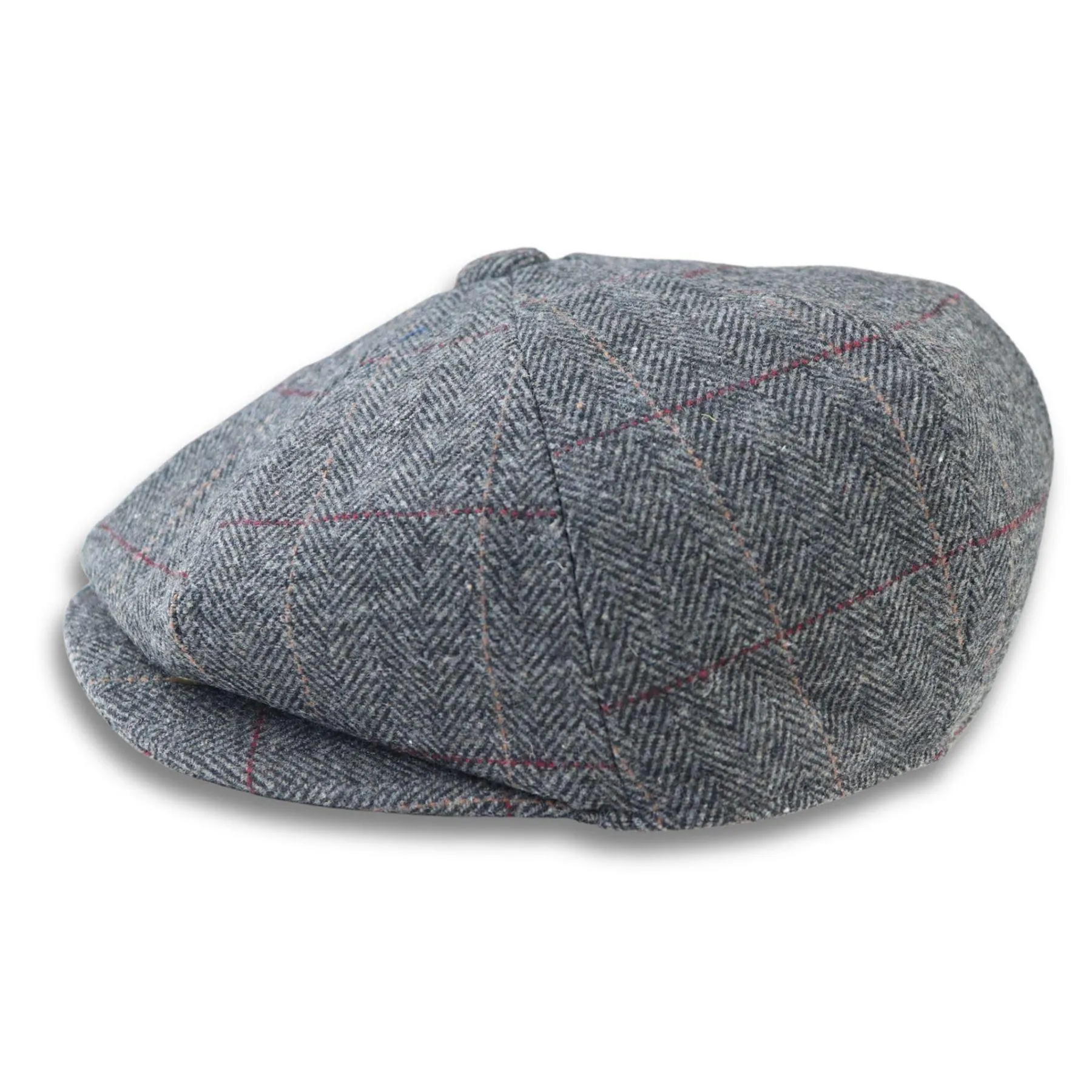 Men's Flat Cap Wool Blend Tweed Herringbone Grey Check Newsboy Baker Boy 8 Panel Hat