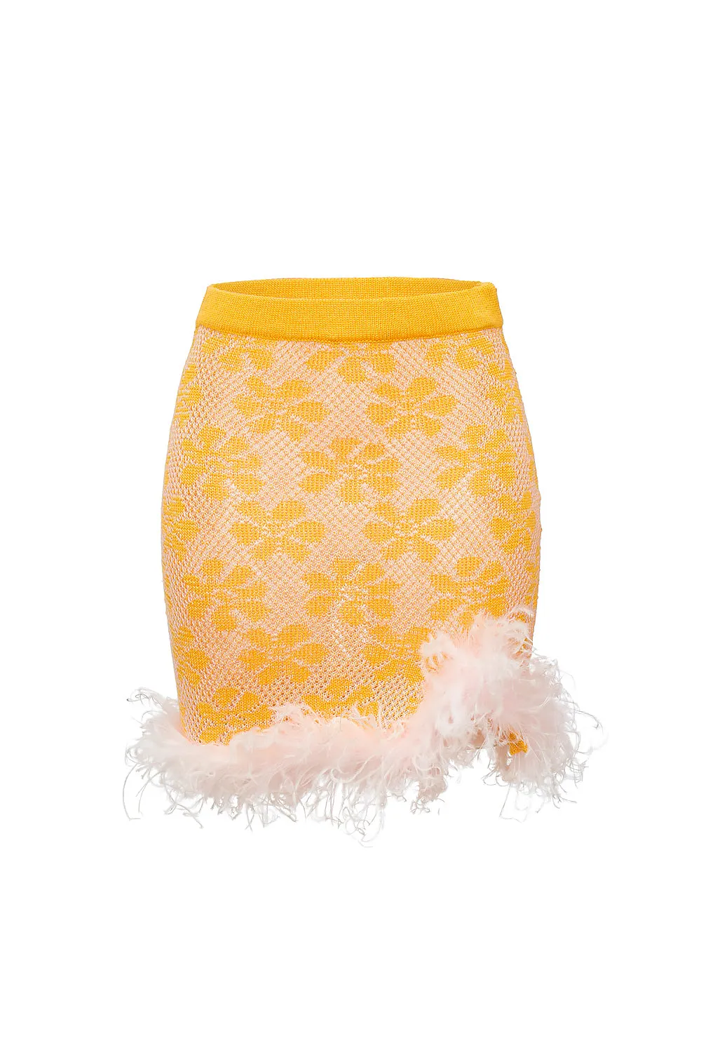 Mini Yellow Knit Skirt with feather details