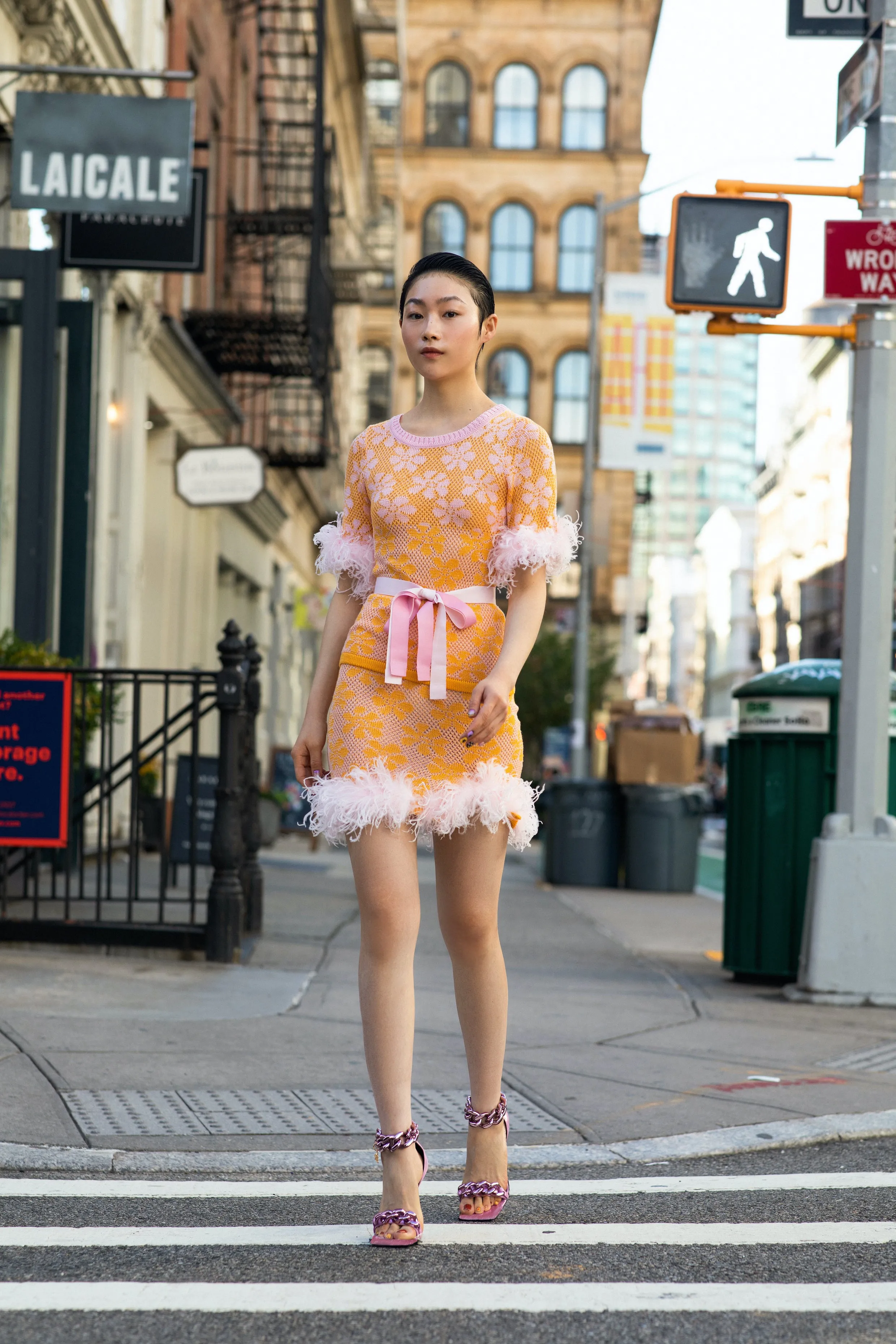 Mini Yellow Knit Skirt with feather details