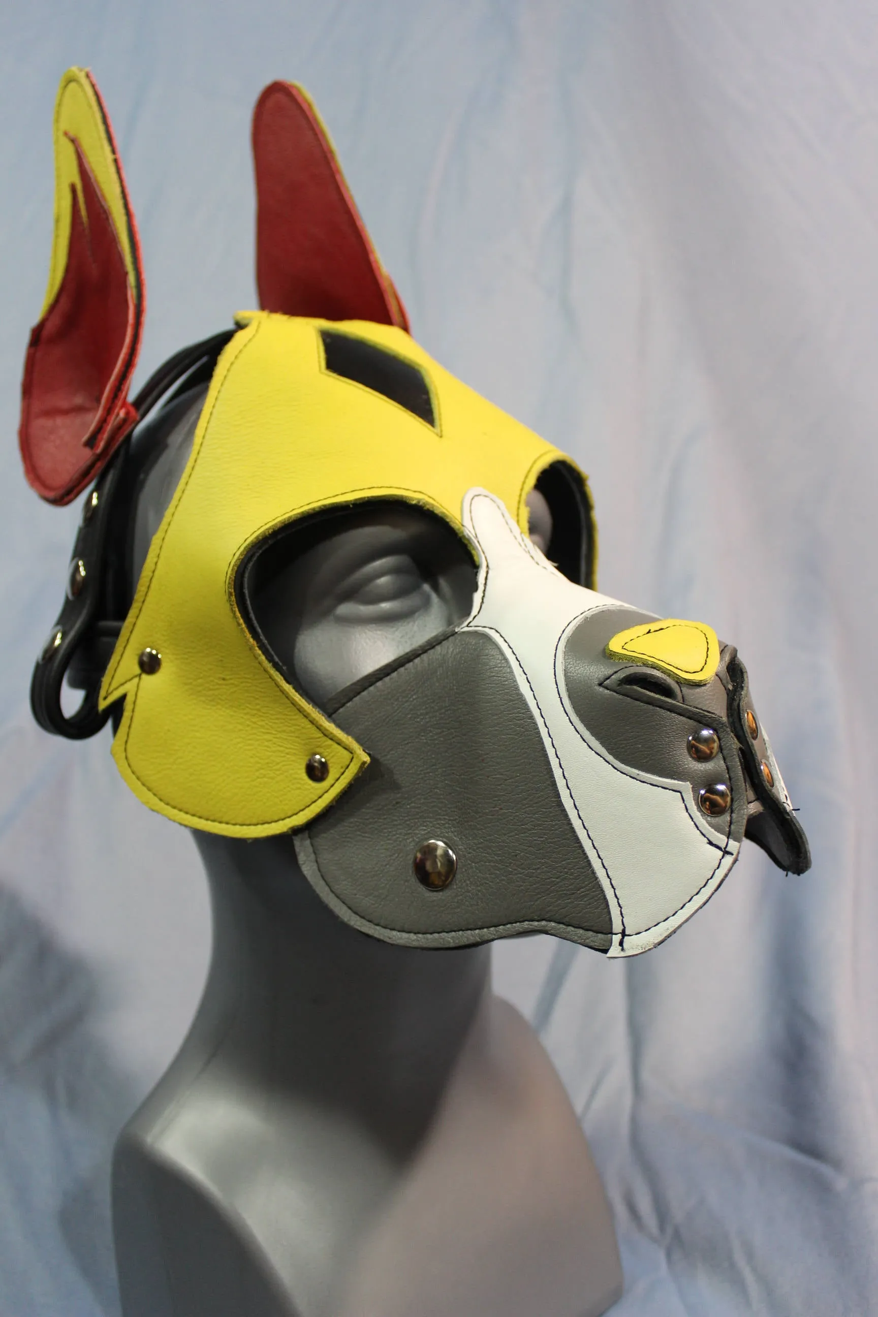 Our "Fire Box" Boxer style Pup hood in red and yellow