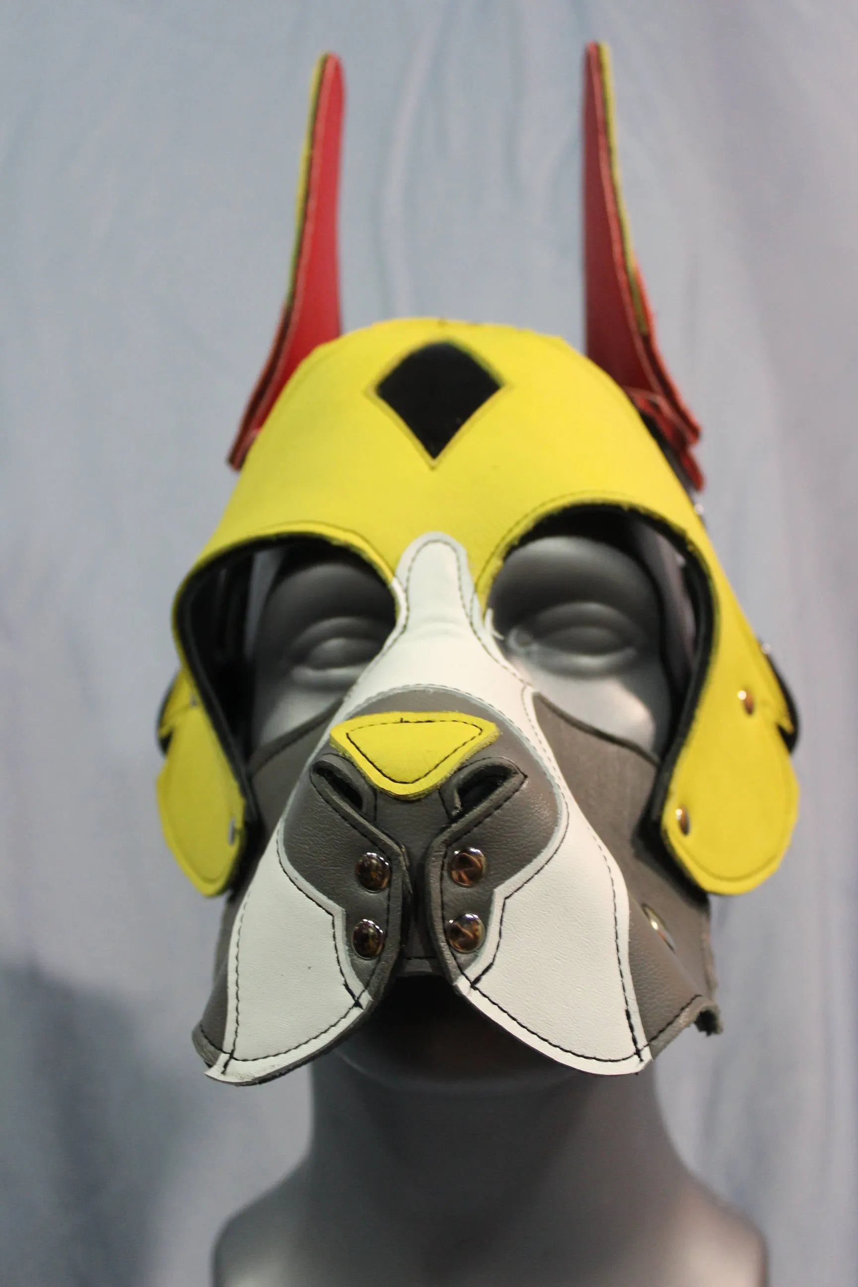 Our "Fire Box" Boxer style Pup hood in red and yellow