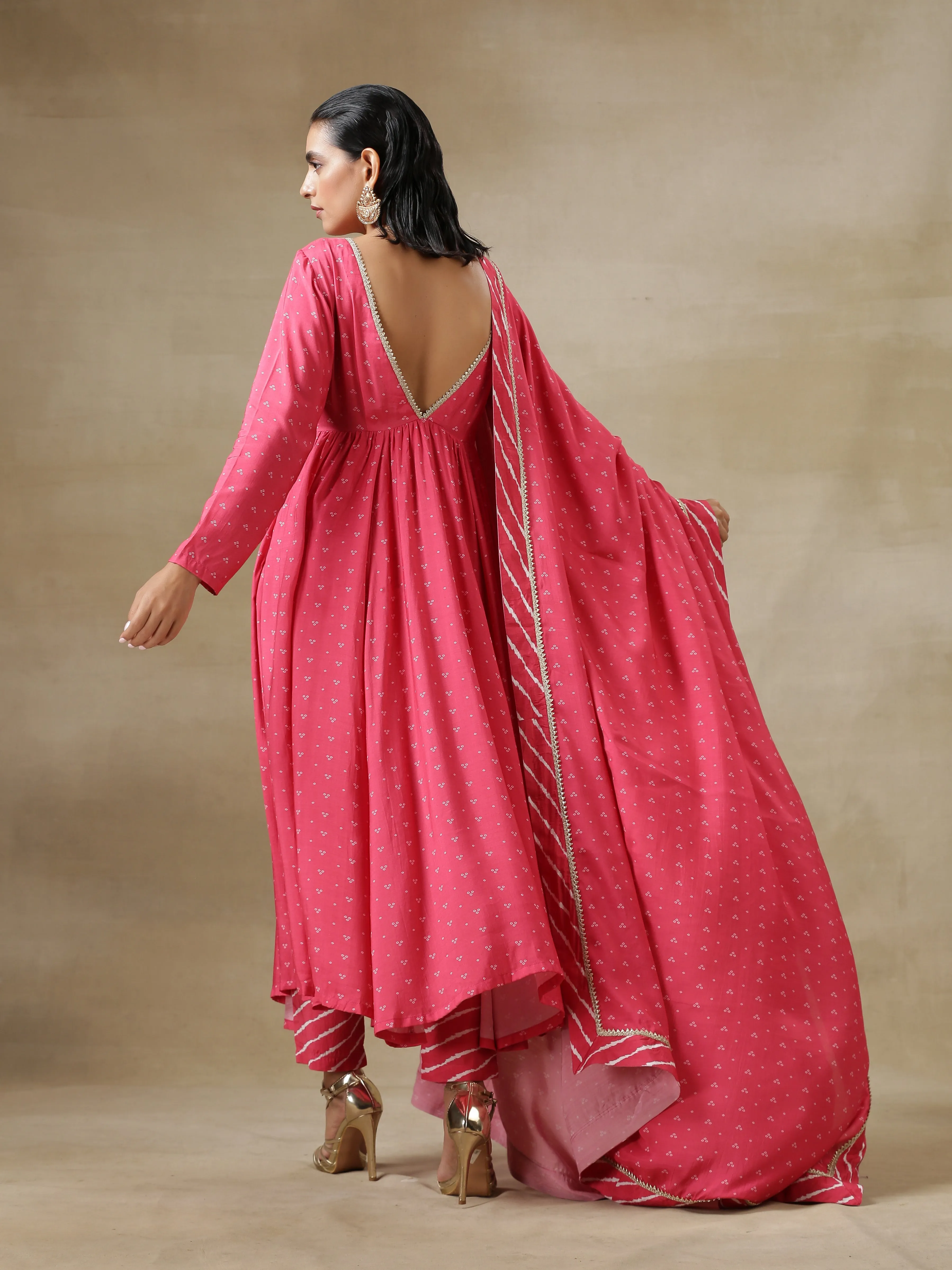 Pink Bandhani Printed Silk Anarkali Kurta Pant Dupatta Set