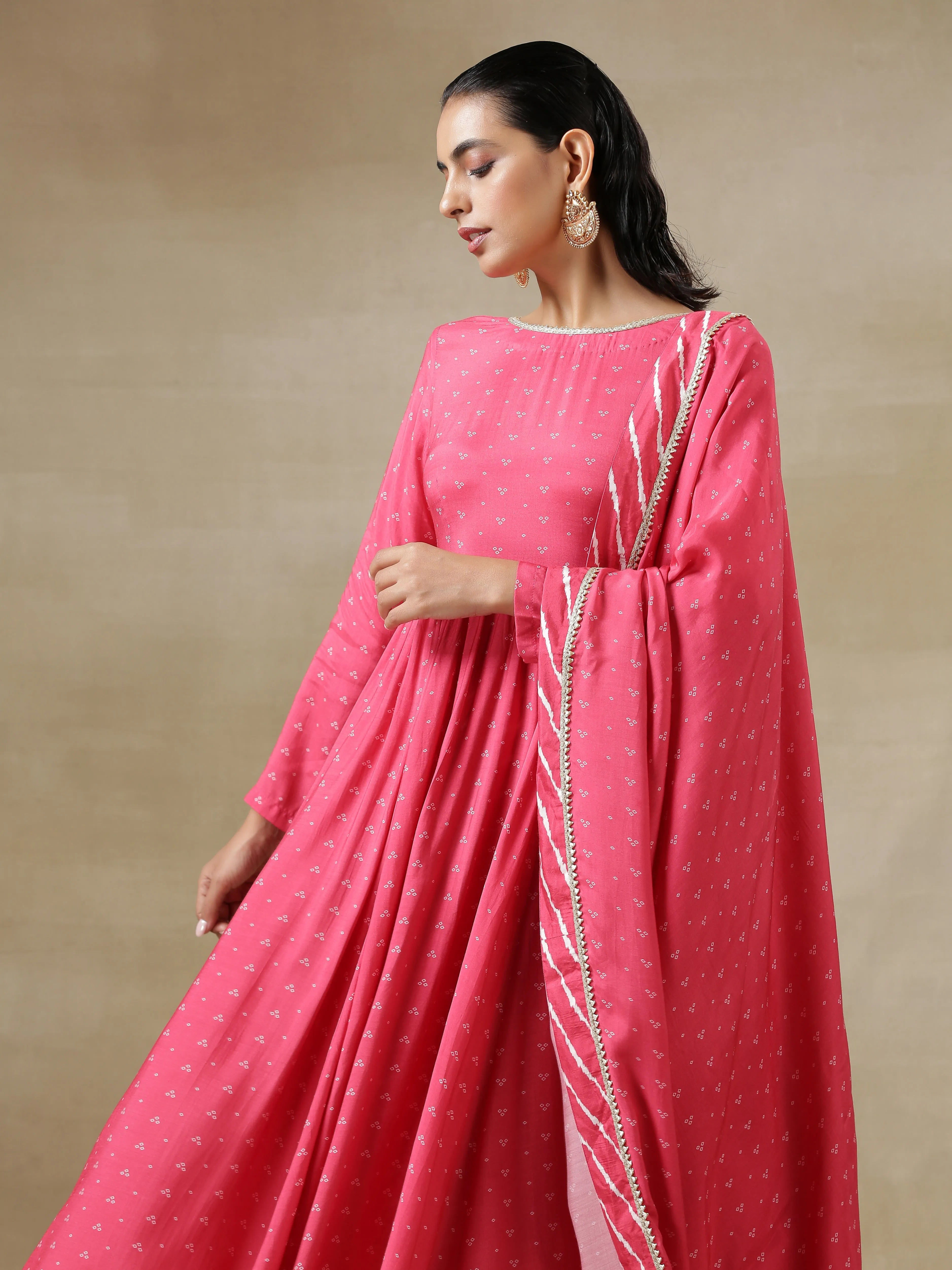 Pink Bandhani Printed Silk Anarkali Kurta Pant Dupatta Set