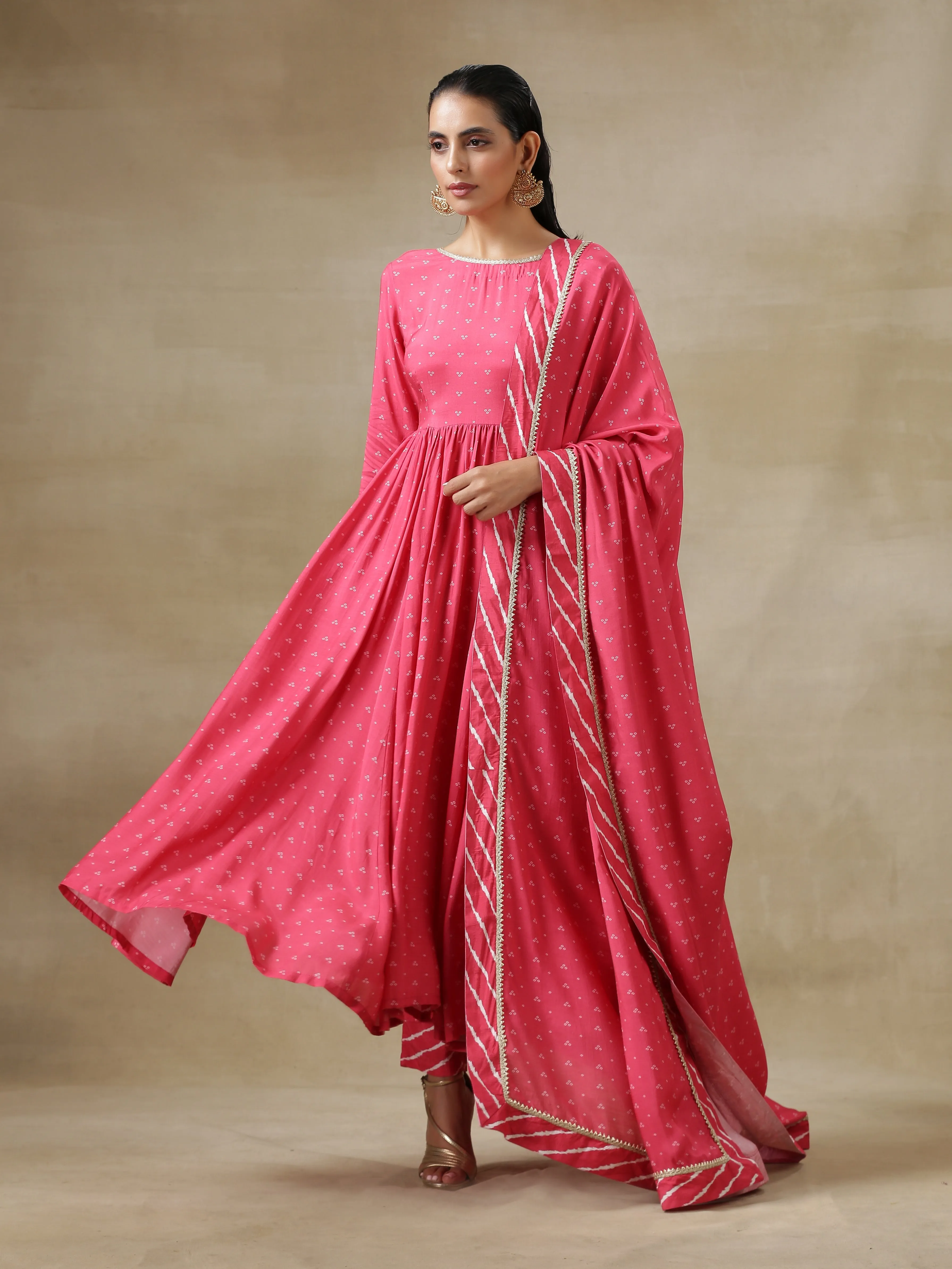 Pink Bandhani Printed Silk Anarkali Kurta Pant Dupatta Set