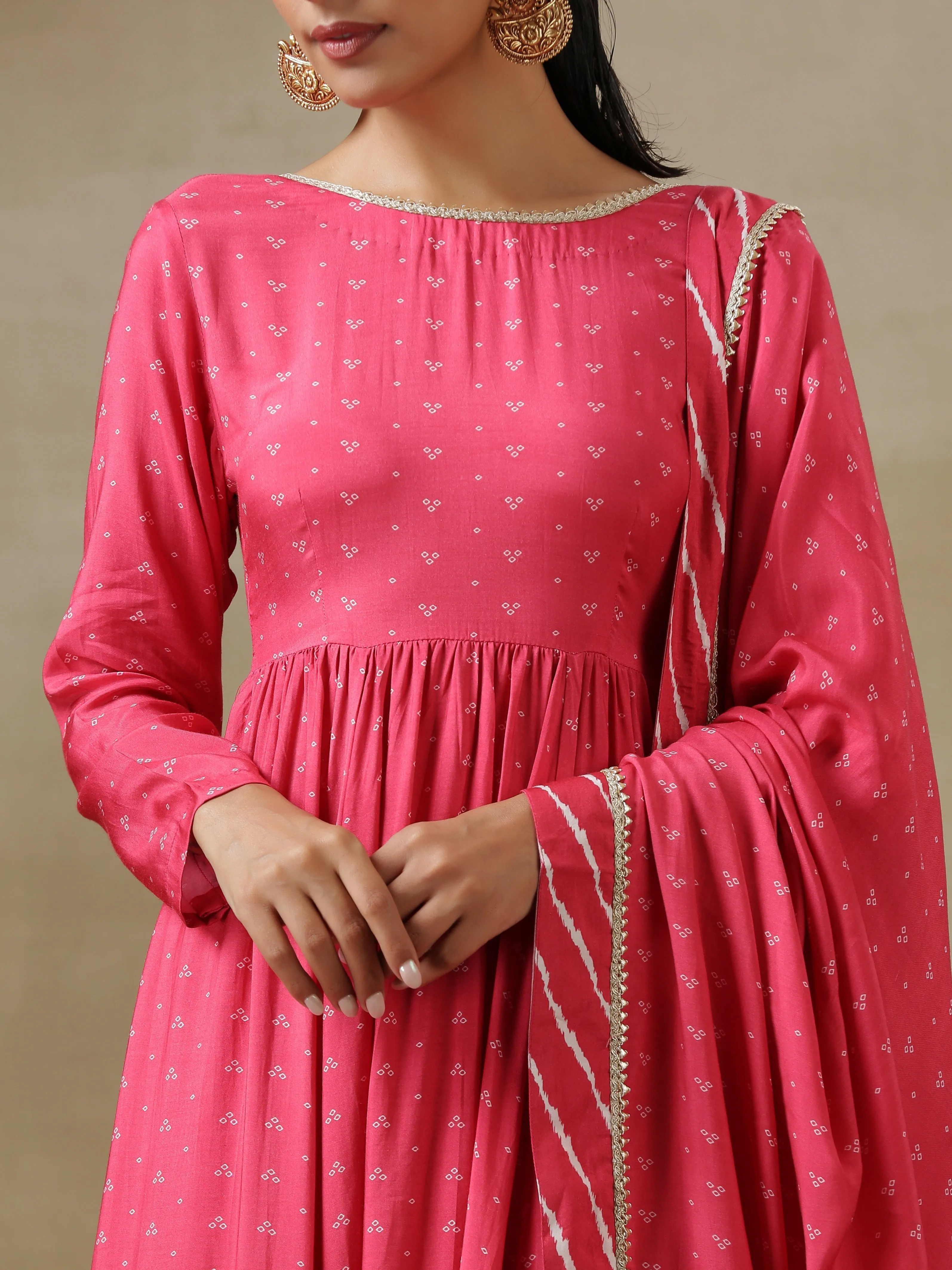 Pink Bandhani Printed Silk Anarkali Kurta Pant Dupatta Set