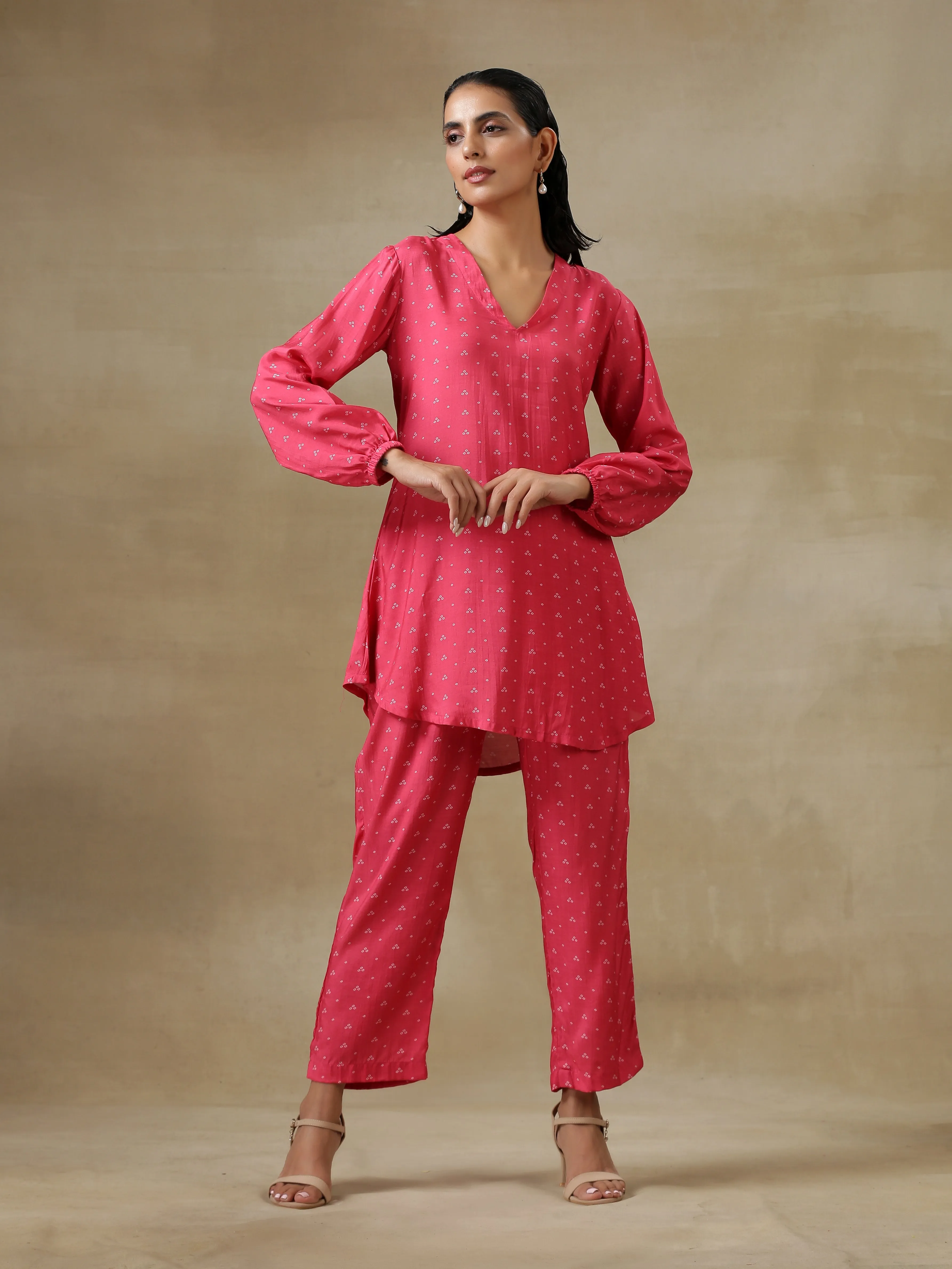 Pink Bandhani Printed Silk Gathered Sleeve Co-Ord Set