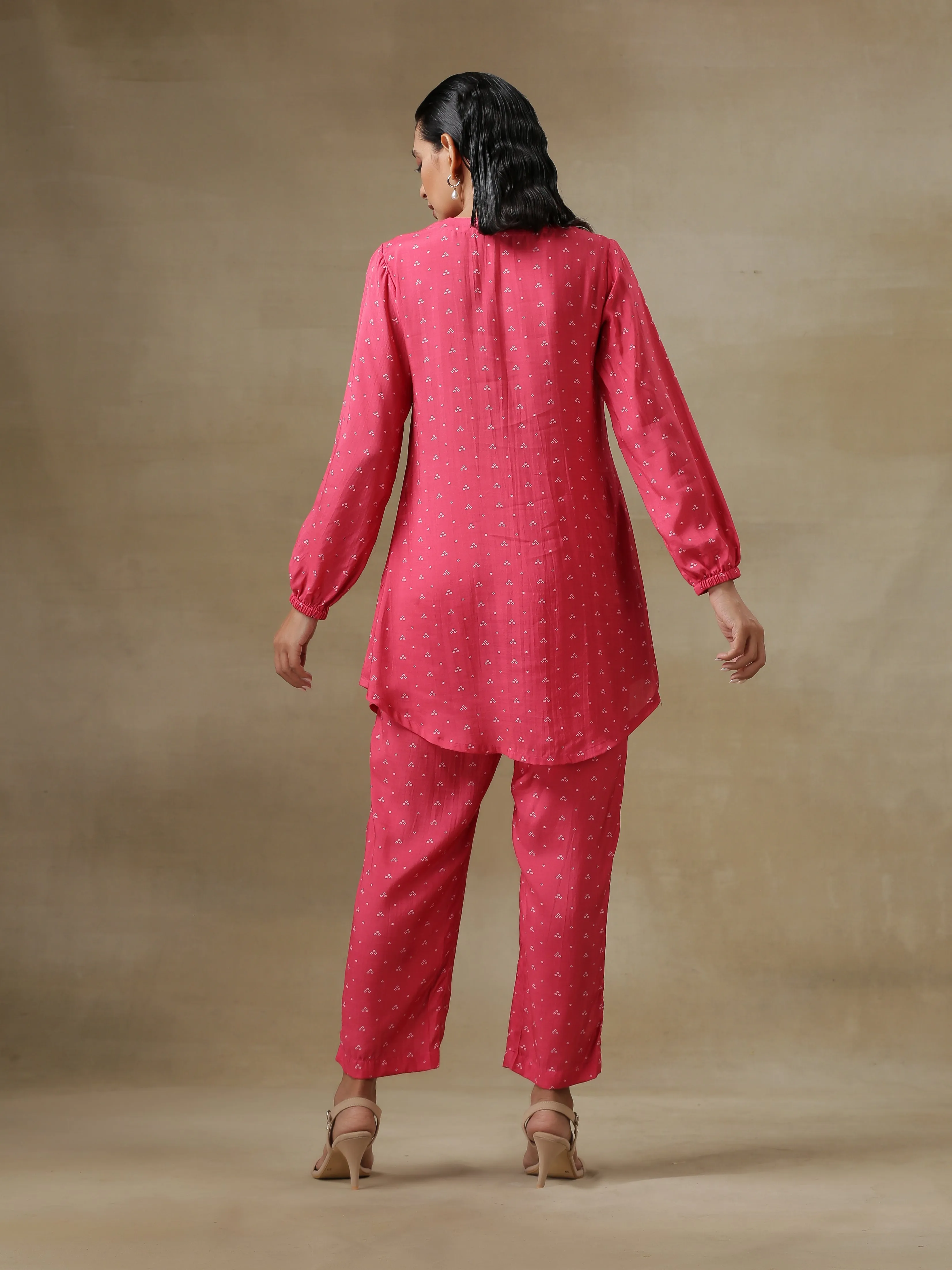 Pink Bandhani Printed Silk Gathered Sleeve Co-Ord Set