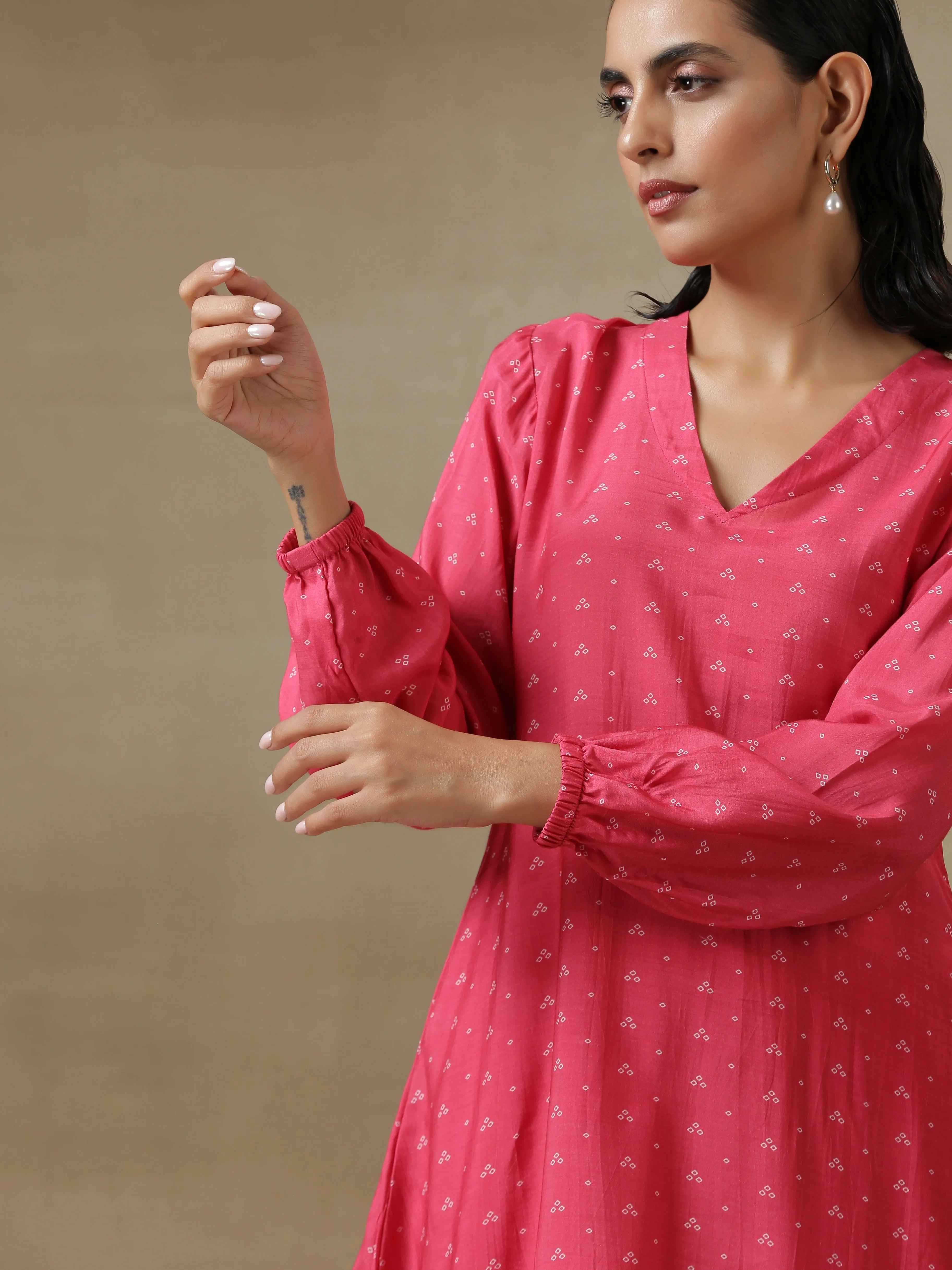 Pink Bandhani Printed Silk Gathered Sleeve Co-Ord Set