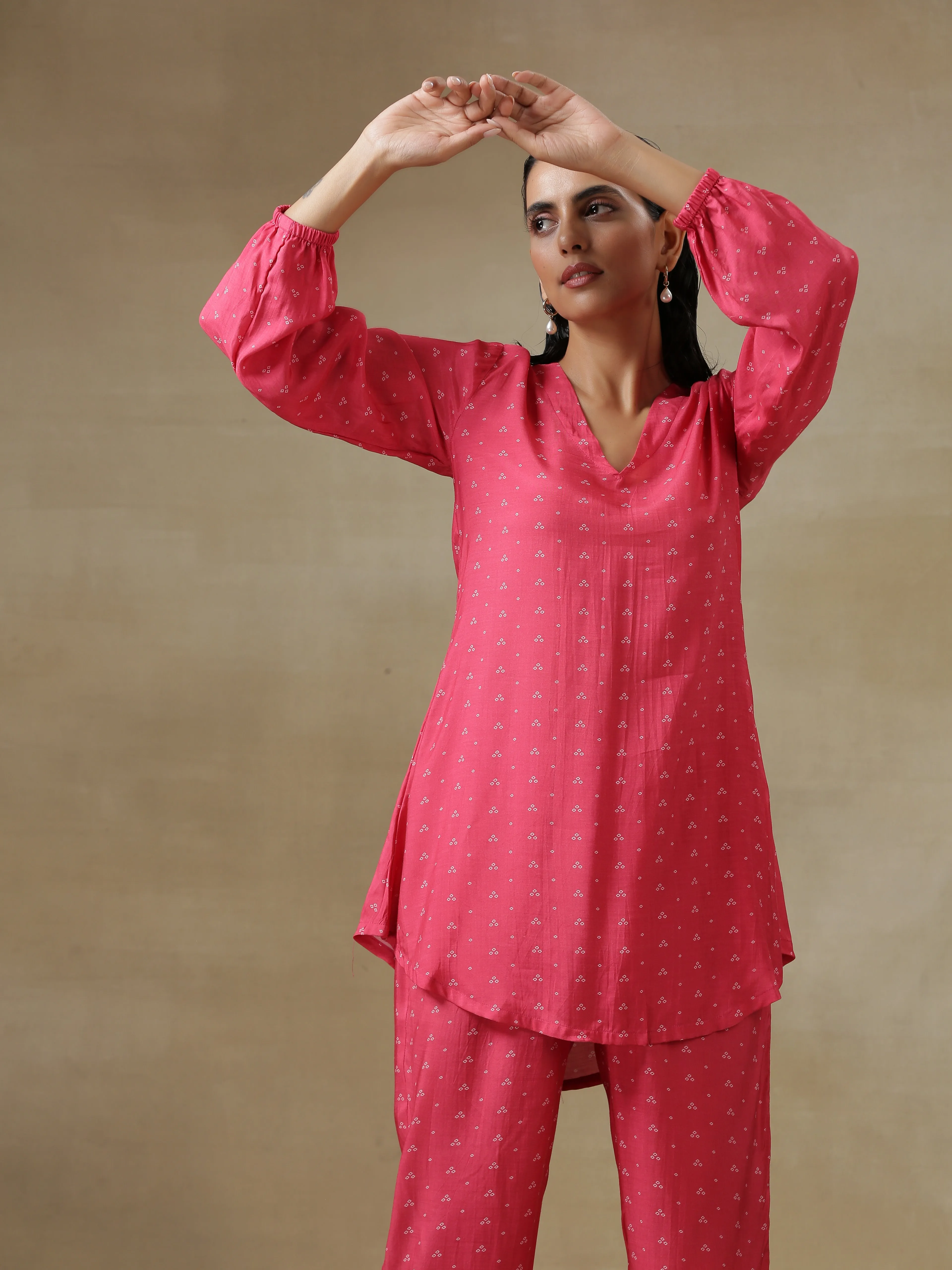 Pink Bandhani Printed Silk Gathered Sleeve Co-Ord Set