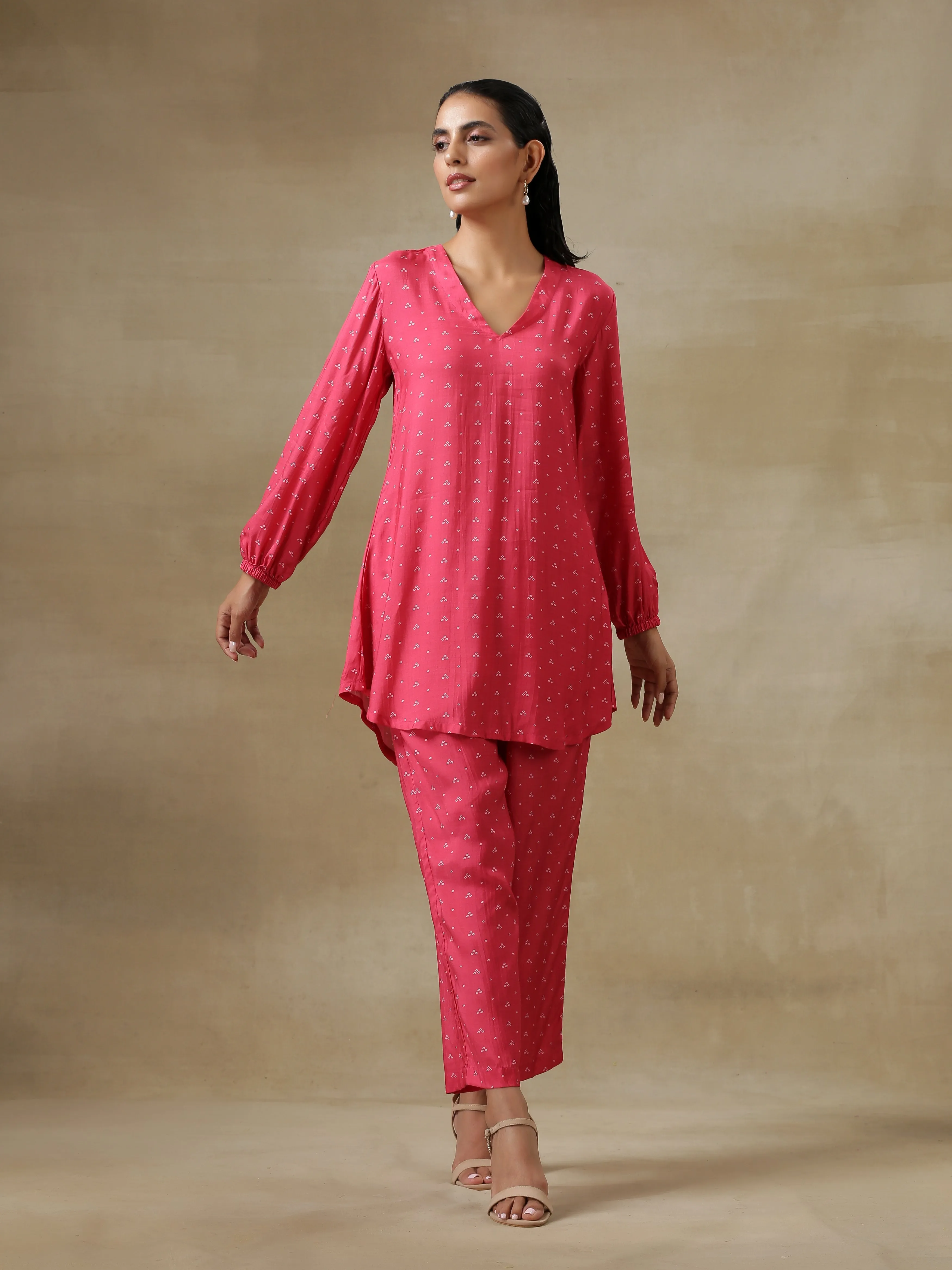 Pink Bandhani Printed Silk Gathered Sleeve Co-Ord Set