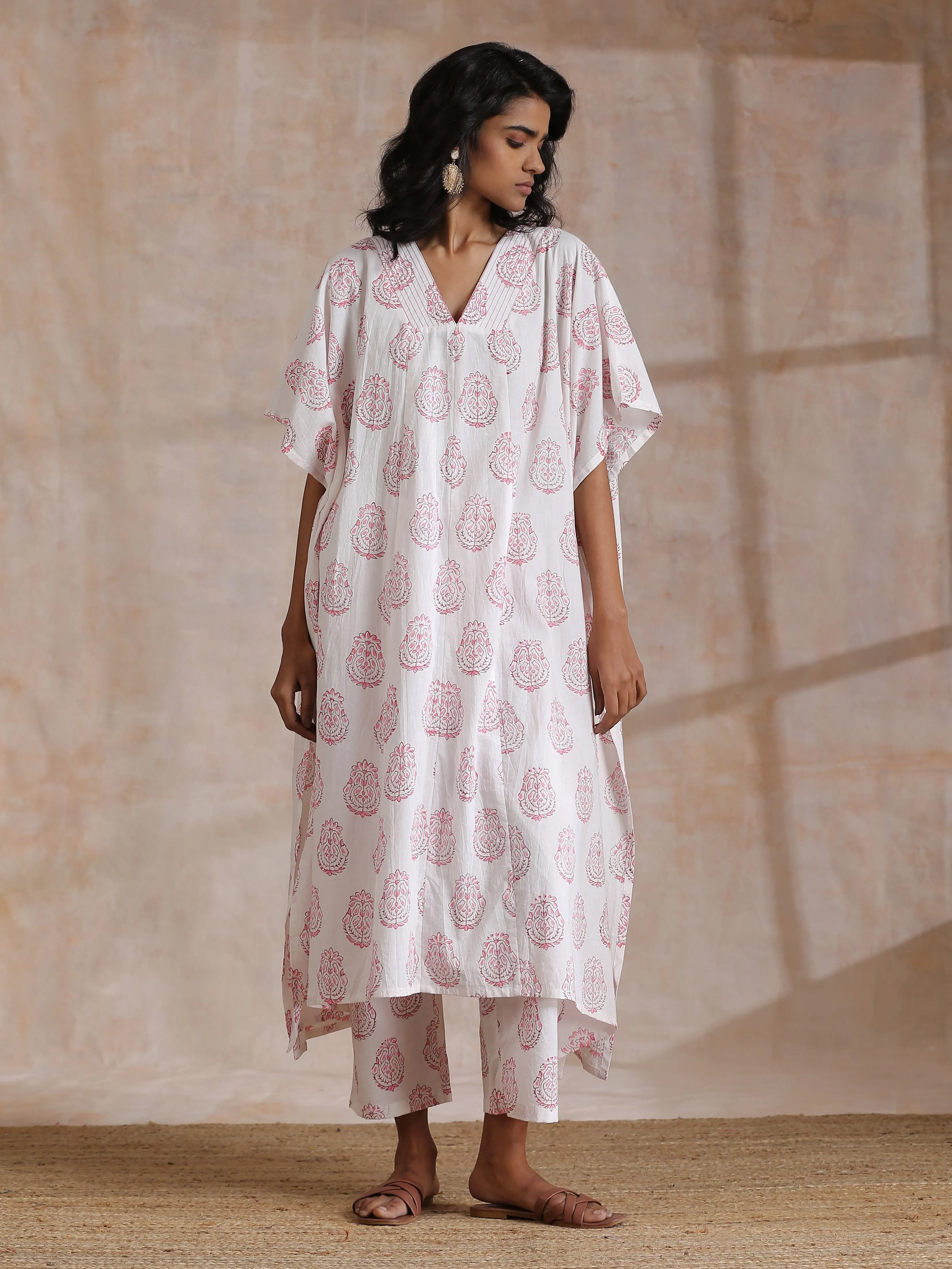 Pink Big Buta On White Print Cotton Panel Kaftan Kurta Pant Set