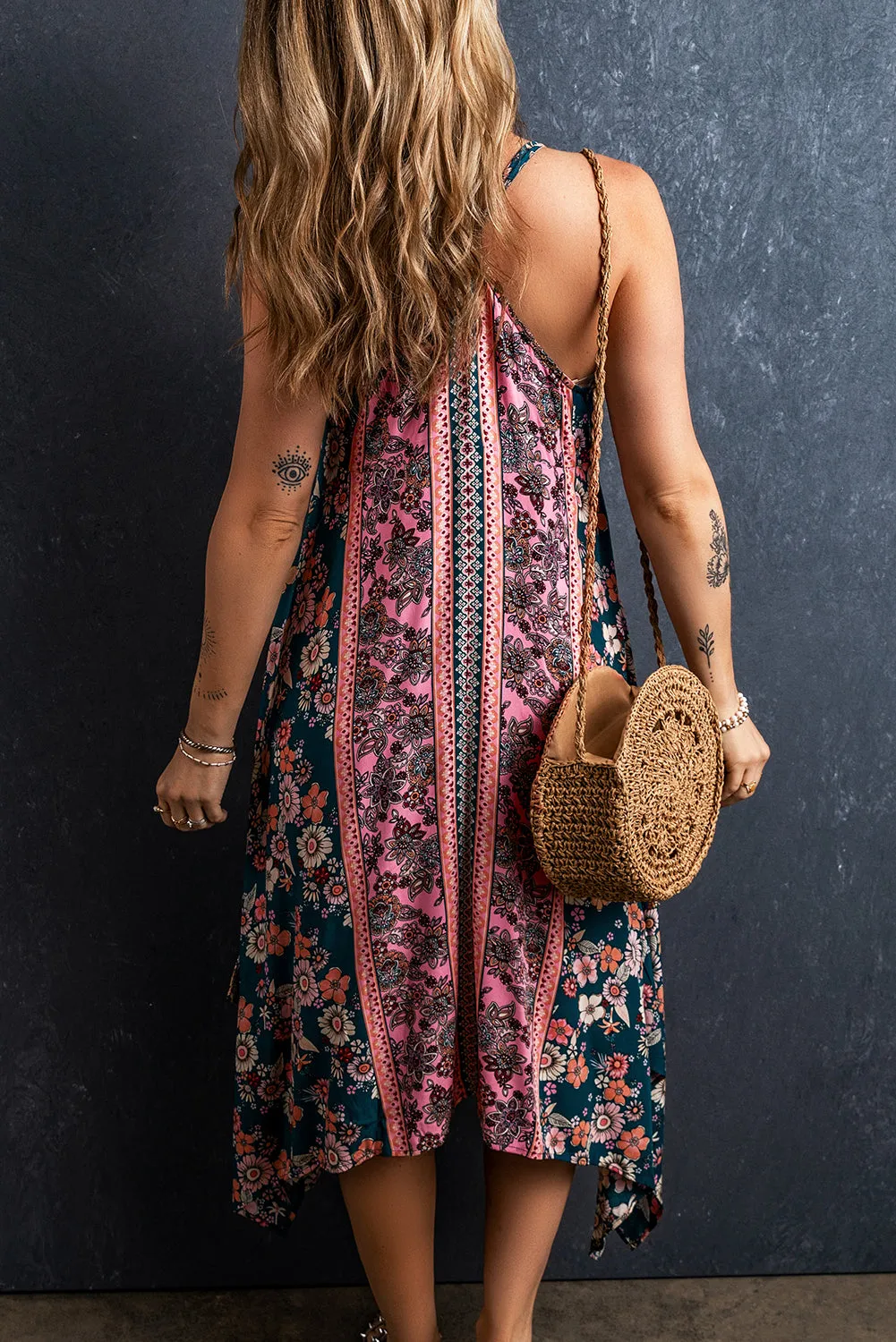 Pink Bohemian Floral Patchwork Print Maxi Sundress