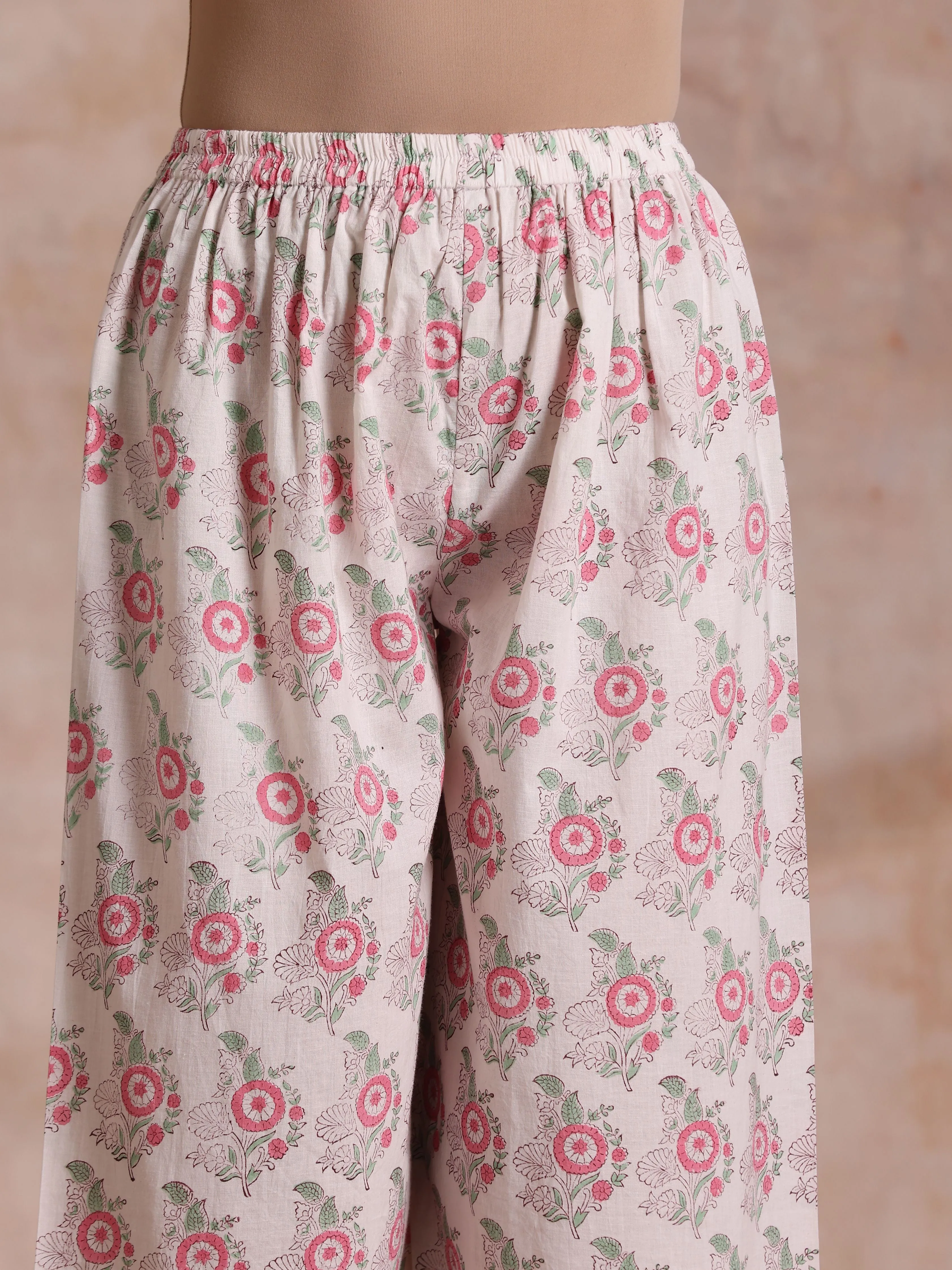 Pink Green Buta On White Block Print Cotton High-Low Co-Ord Set