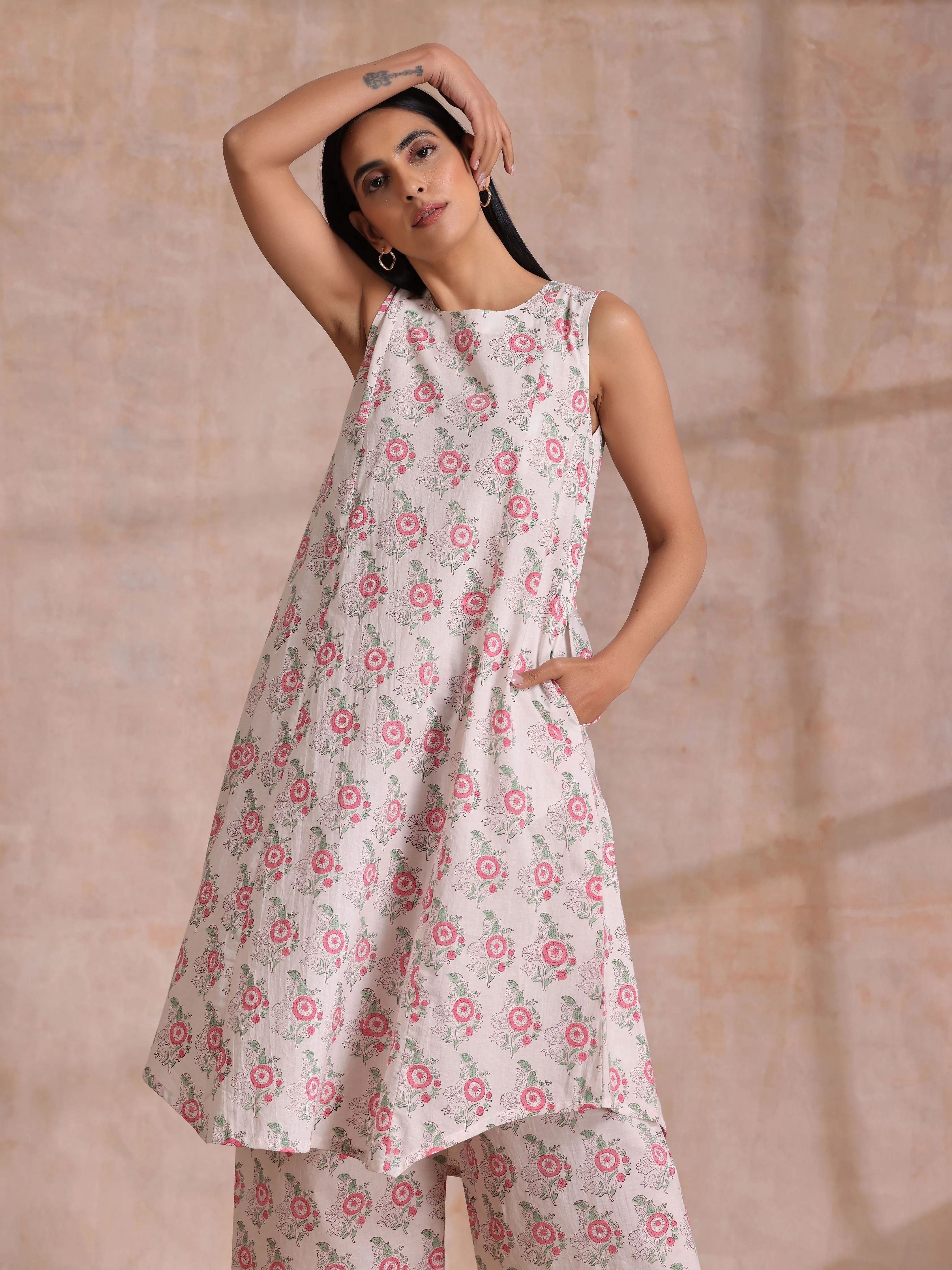 Pink Green Buta On White Block Print Cotton High-Low Co-Ord Set