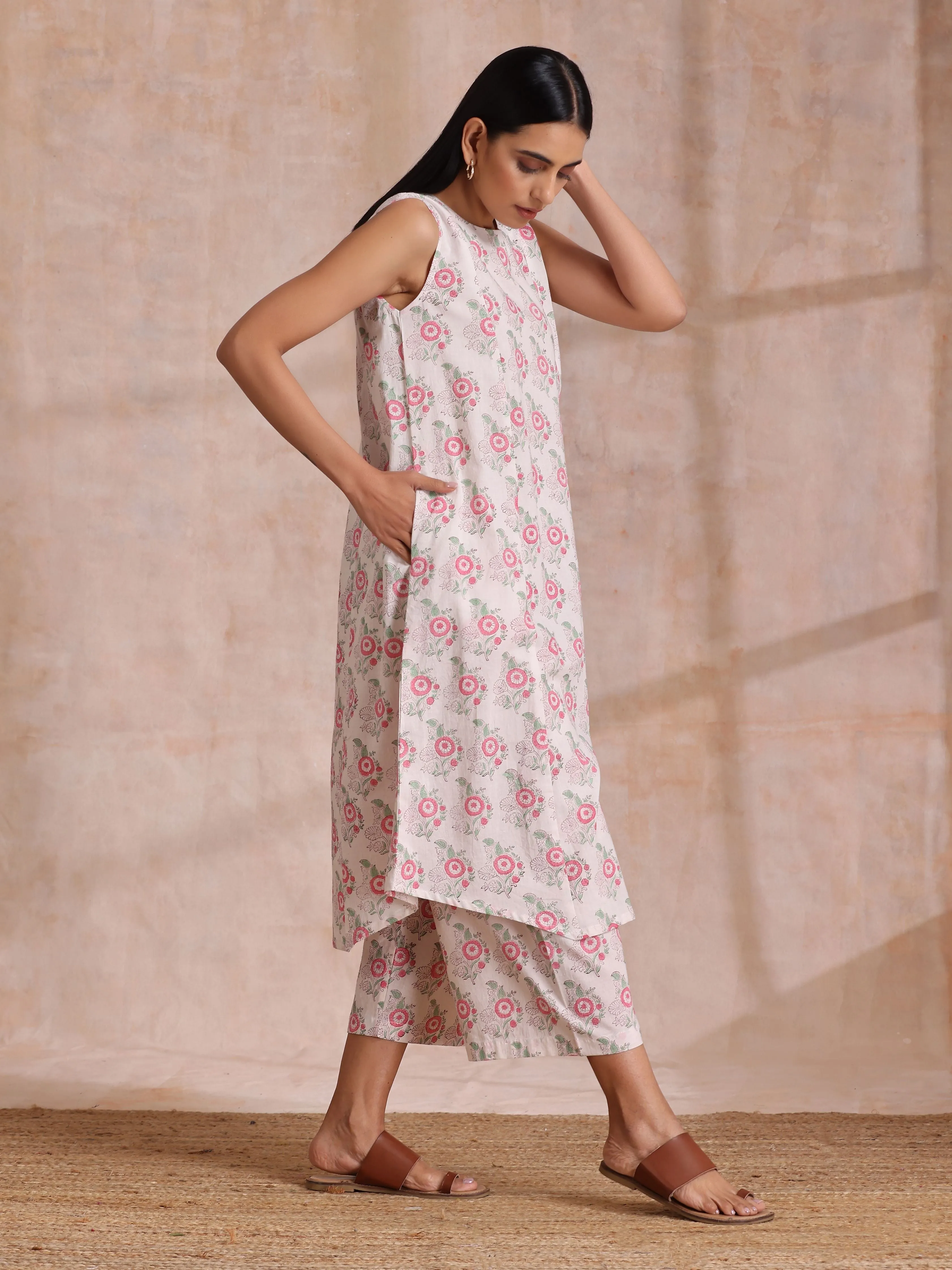 Pink Green Buta On White Block Print Cotton High-Low Co-Ord Set