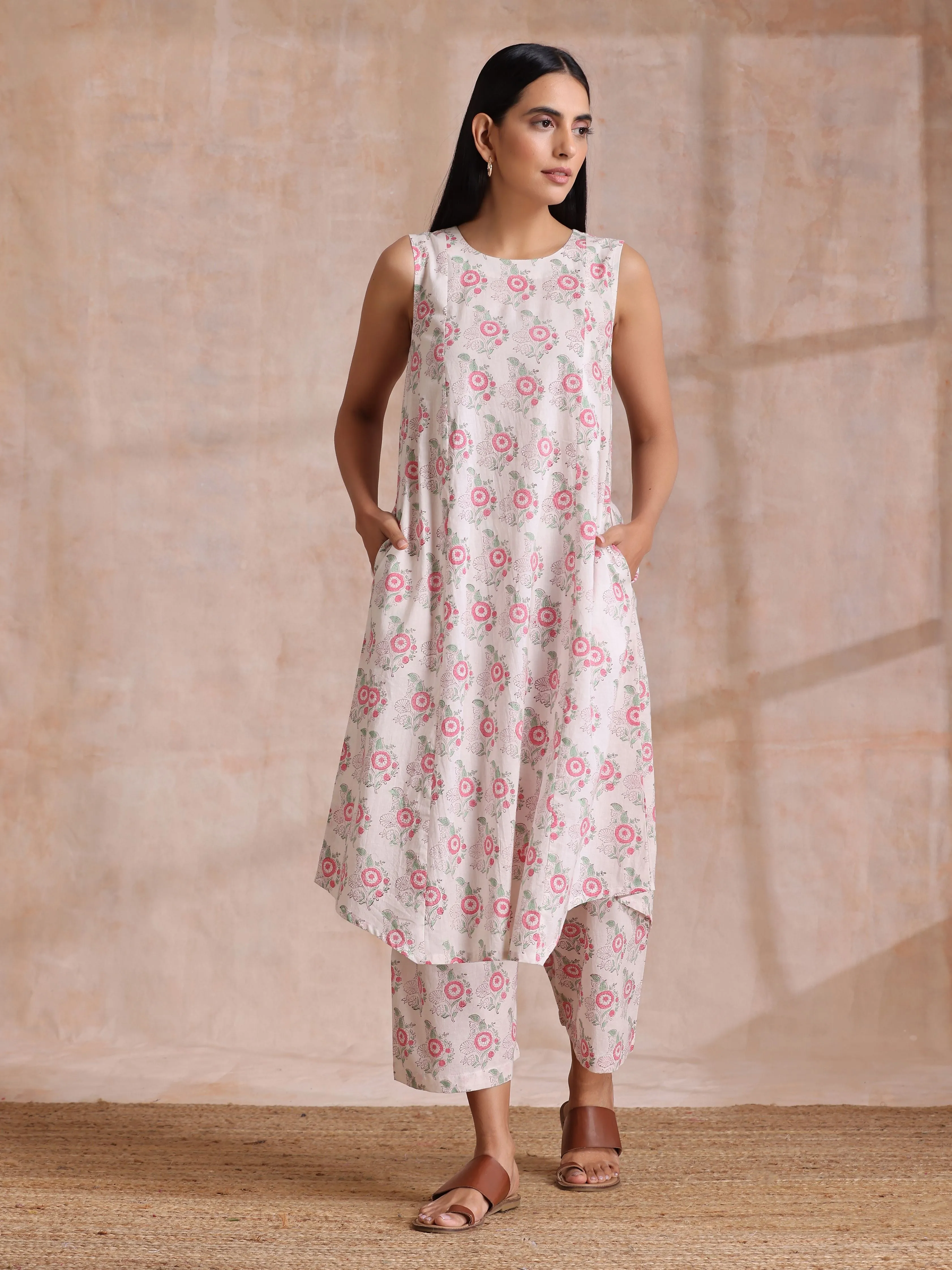 Pink Green Buta On White Block Print Cotton High-Low Co-Ord Set