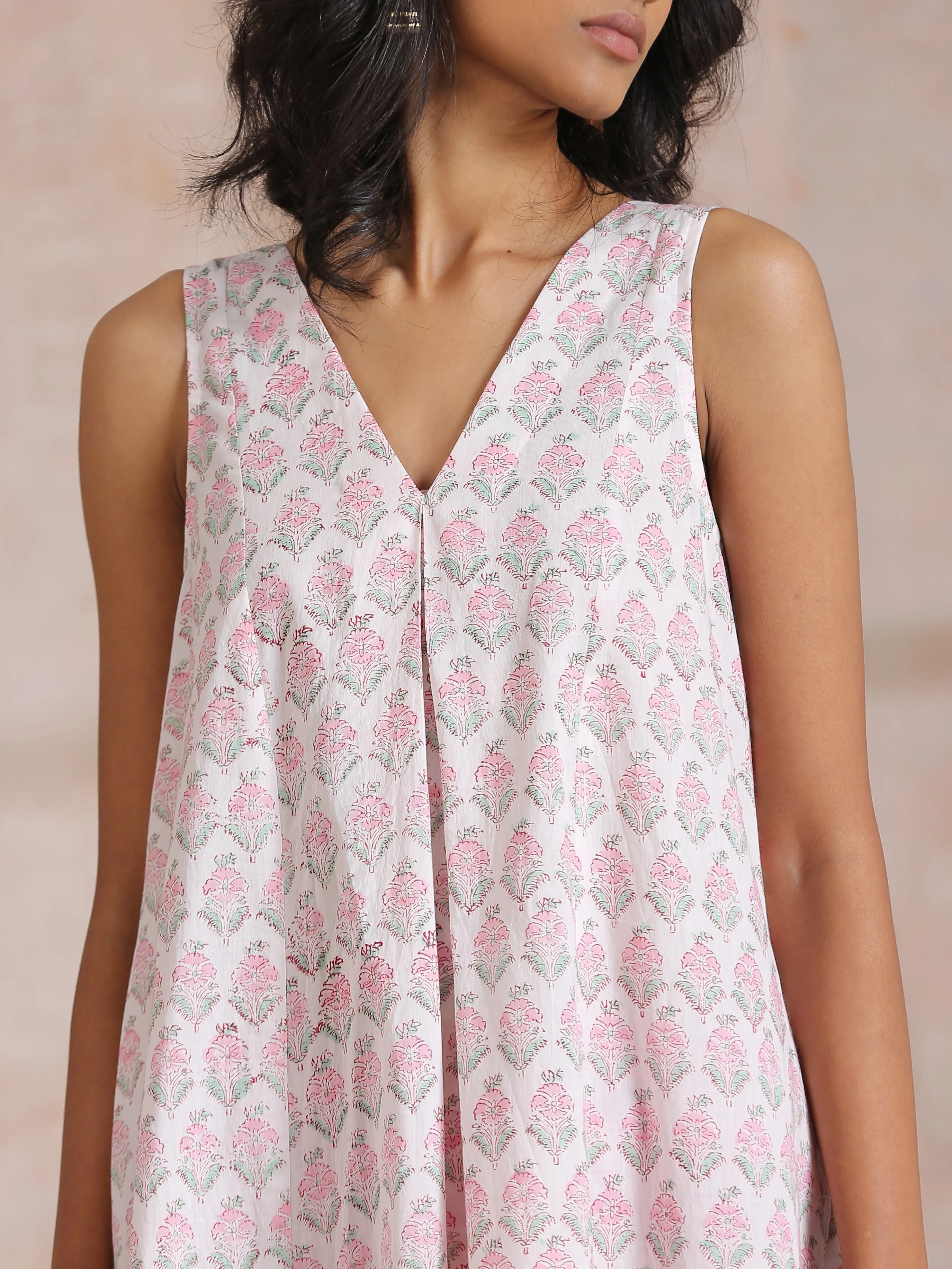 Pink Green Floral On White Block Print Cotton Sleeveless Flared  Kurta Pant Set