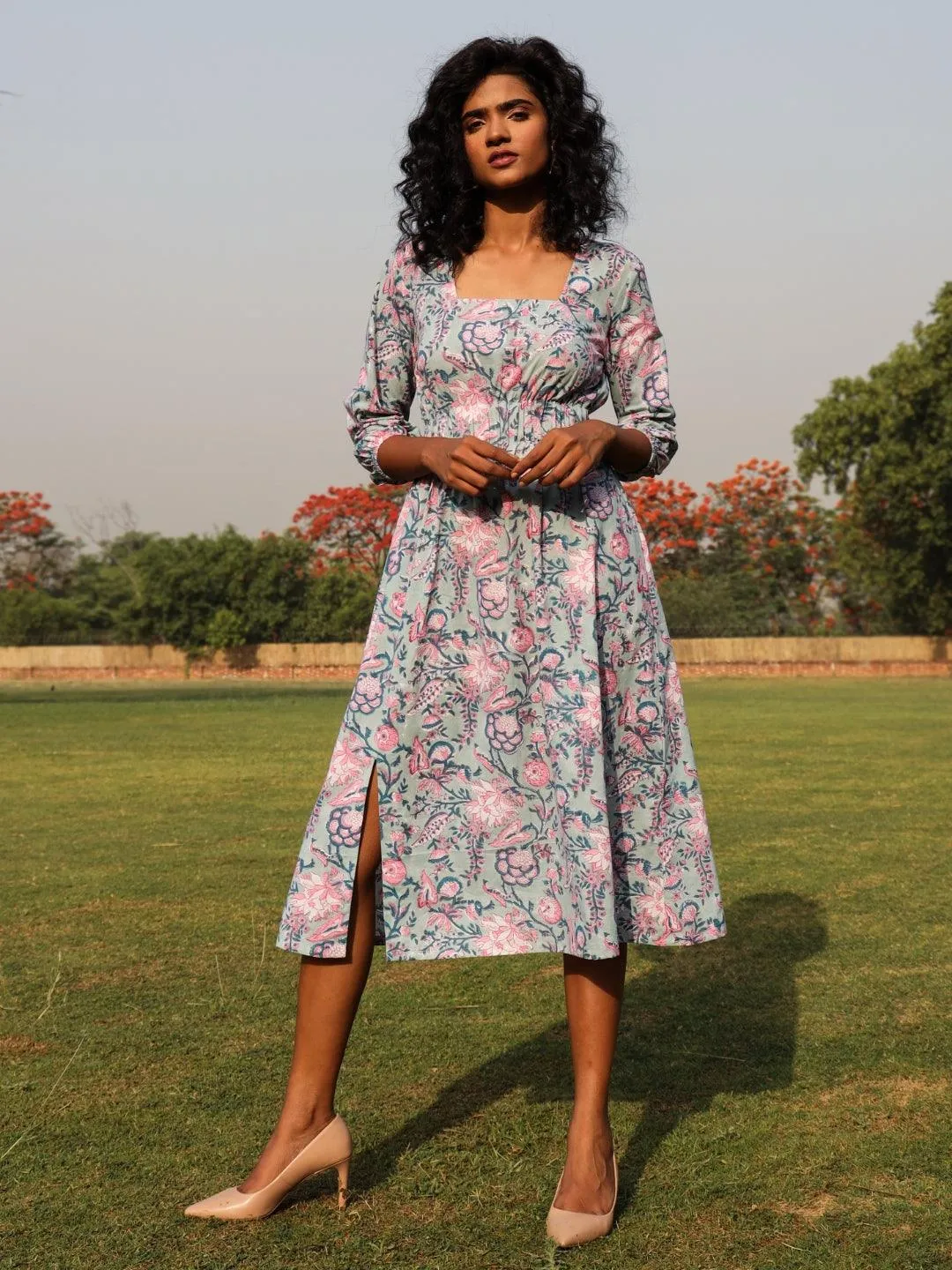 Powder Blue Cotton Block Print Square Neck Dress