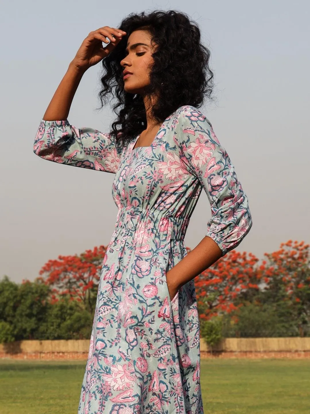 Powder Blue Cotton Block Print Square Neck Dress