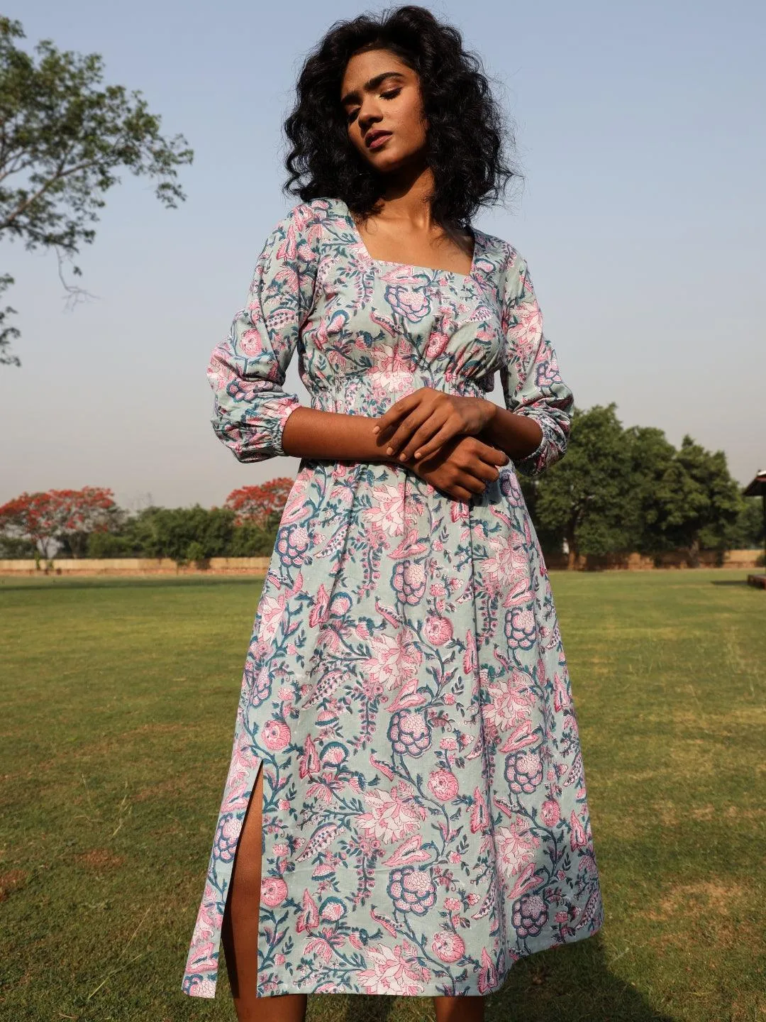 Powder Blue Cotton Block Print Square Neck Dress