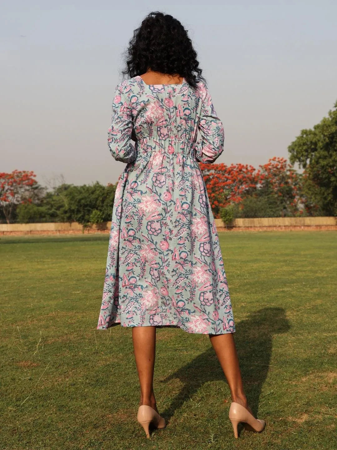 Powder Blue Cotton Block Print Square Neck Dress