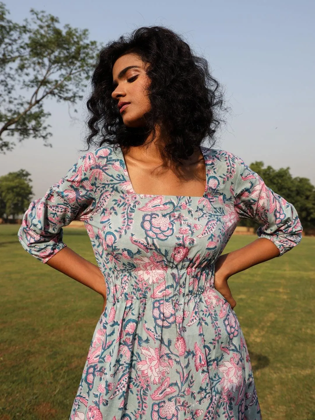 Powder Blue Cotton Block Print Square Neck Dress