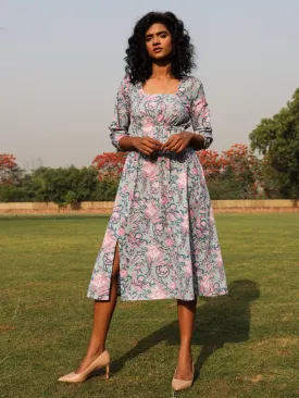 Powder Blue Cotton Block Print Square Neck Dress