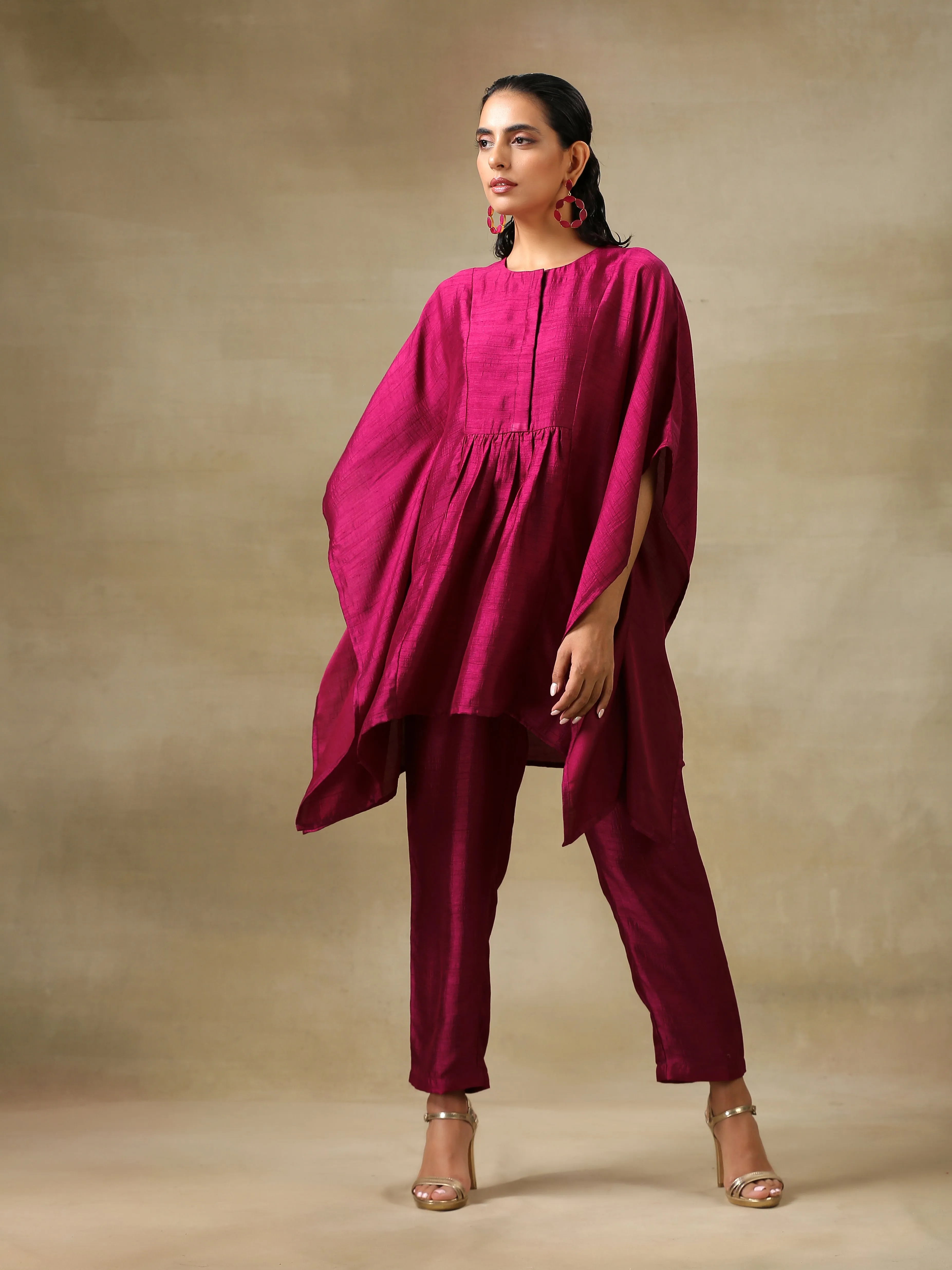 Purple Textured Silk Gathered Kaftan Co-Ord Set