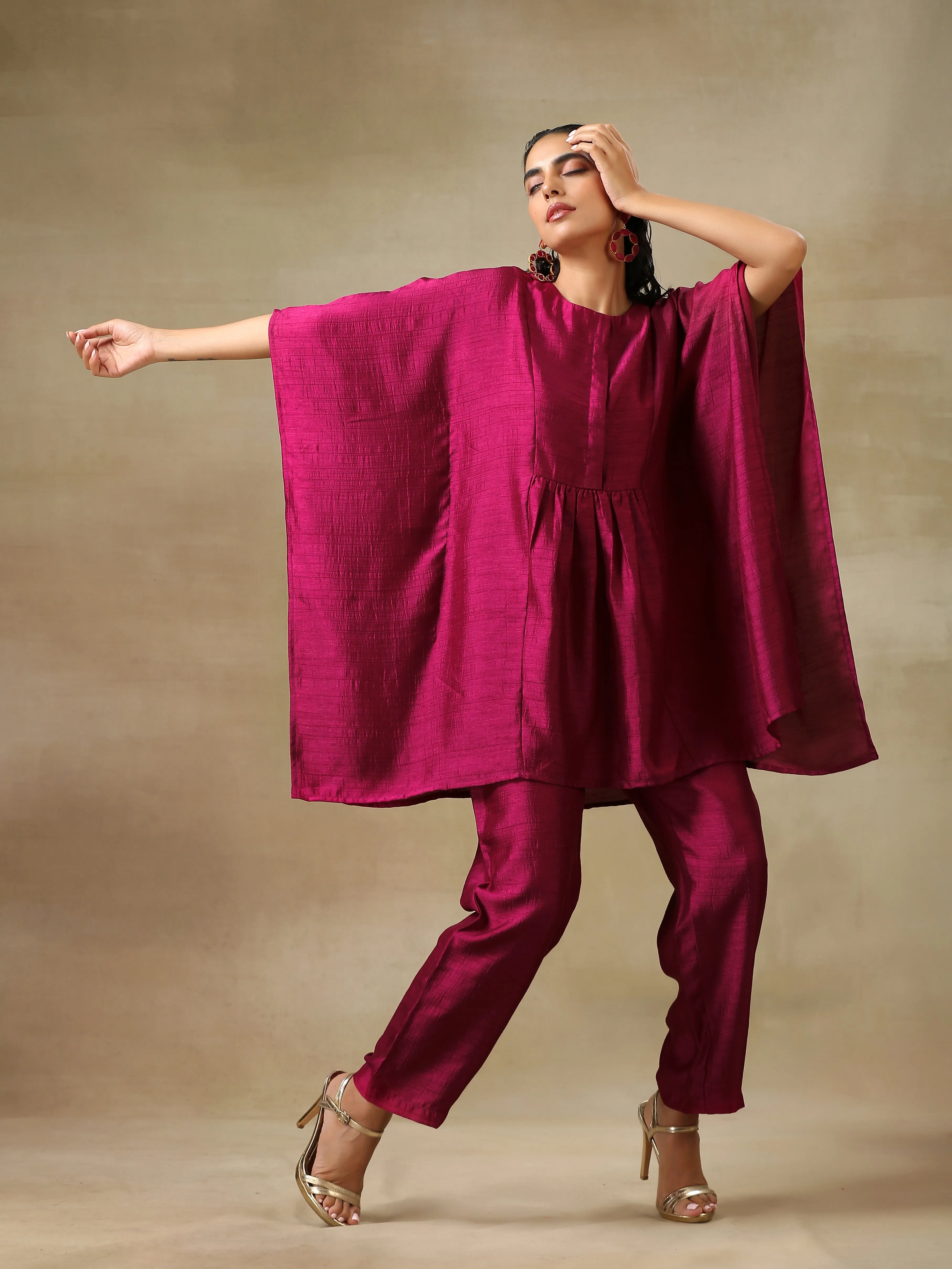 Purple Textured Silk Gathered Kaftan Co-Ord Set