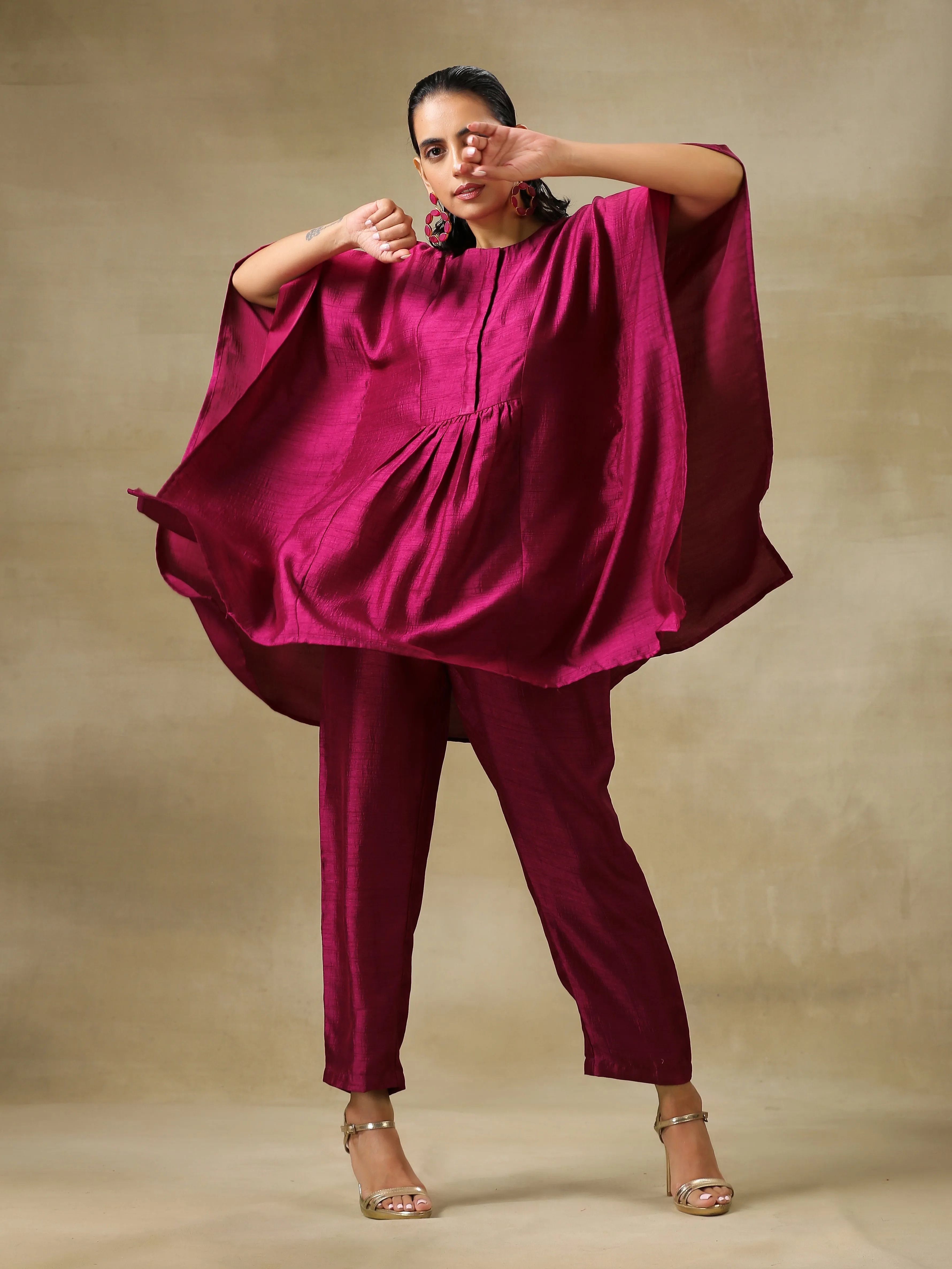 Purple Textured Silk Gathered Kaftan Co-Ord Set