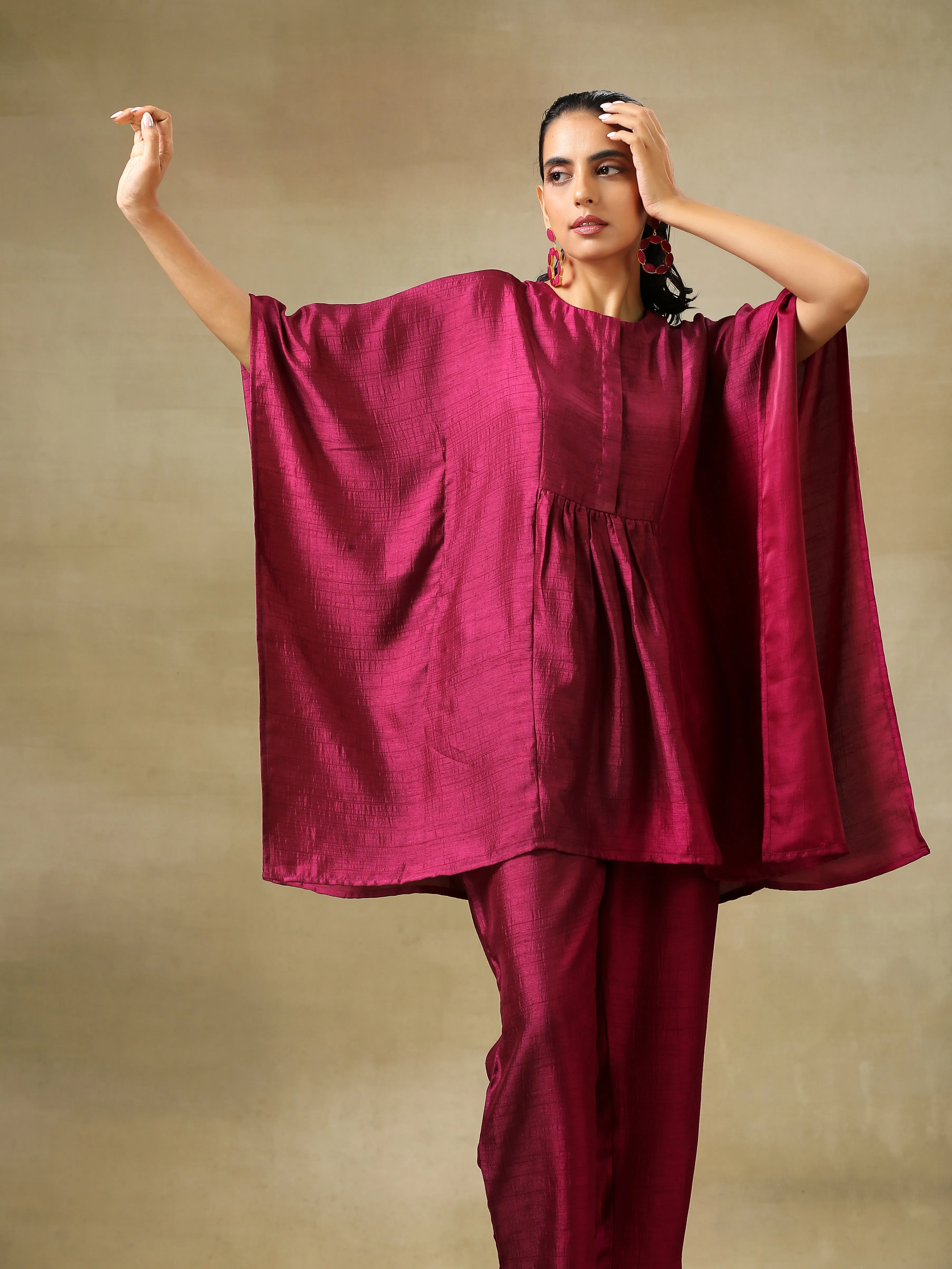 Purple Textured Silk Gathered Kaftan Co-Ord Set