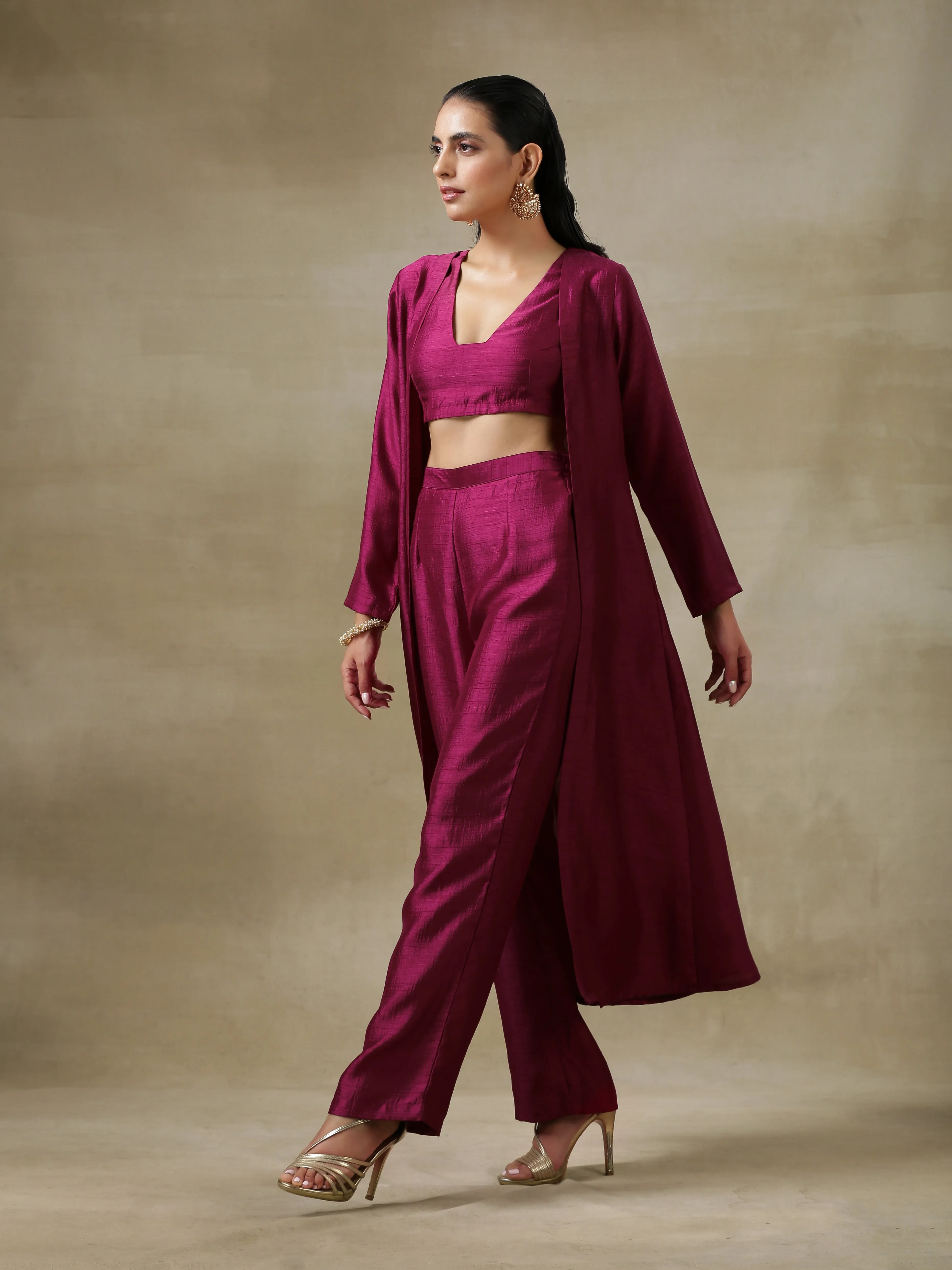 Purple Textured Silk Overlay Jacket Blouse Pant Set