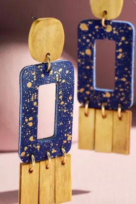 Raina Metallic Wood Detailed Drop Earrings- Indigo