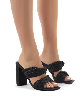 Raye Black Woven Twist Strap Block Heeled Mules